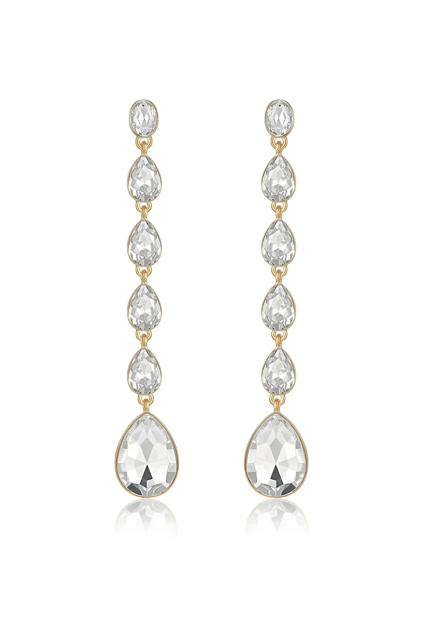 Elegant earrings comprised of multiple clear, faceted gemstones in a teardrop shape, each linked on a gold-tone setting, reflecting light, suitable for formal occasions.