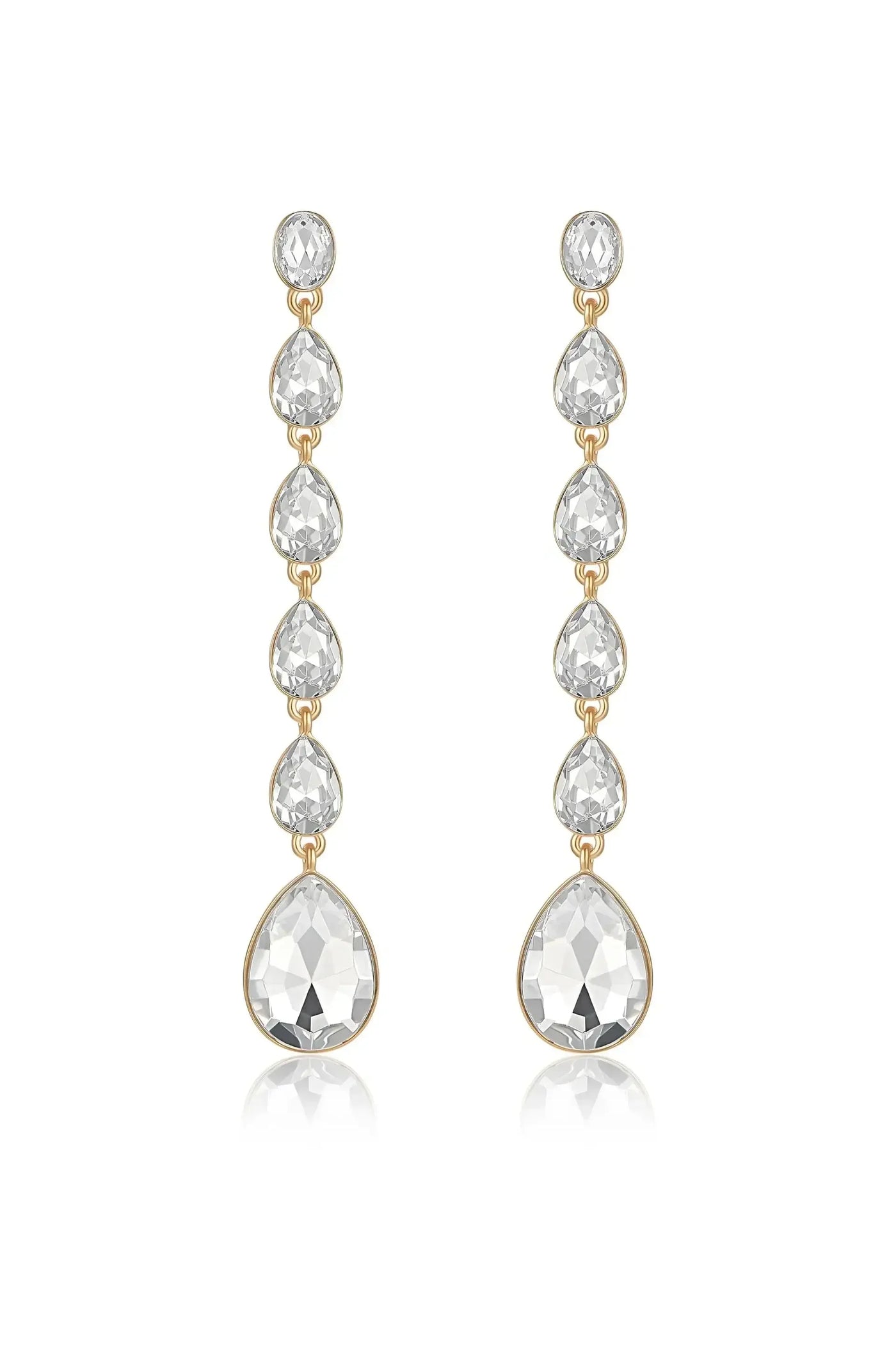 Elegant earrings comprised of multiple clear, faceted gemstones in a teardrop shape, each linked on a gold-tone setting, reflecting light, suitable for formal occasions.