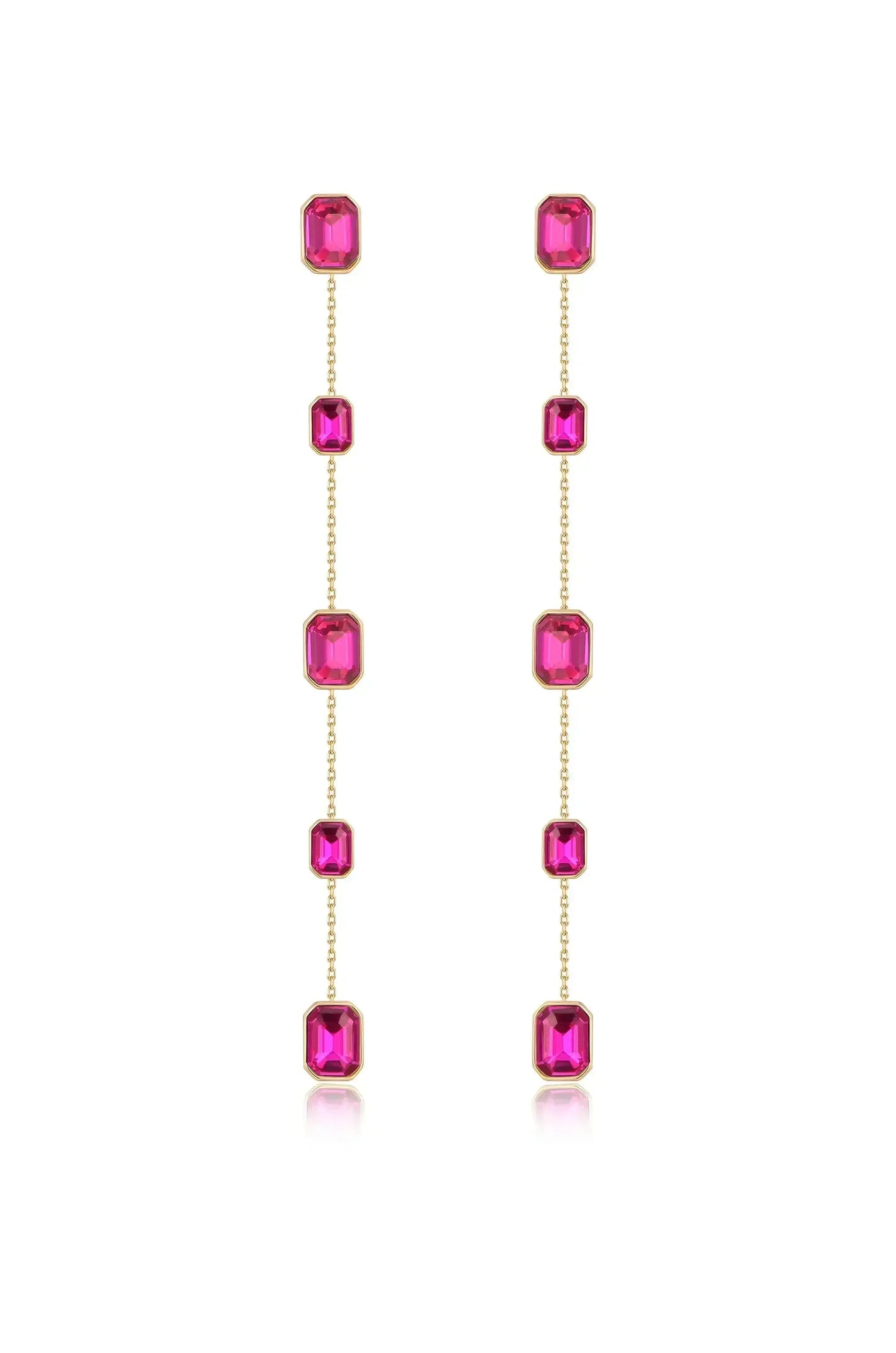 Two pairs of elongated earrings feature a series of pink, rectangular gemstones set in gold. They hang vertically, creating a streamlined and elegant appearance against a white background.