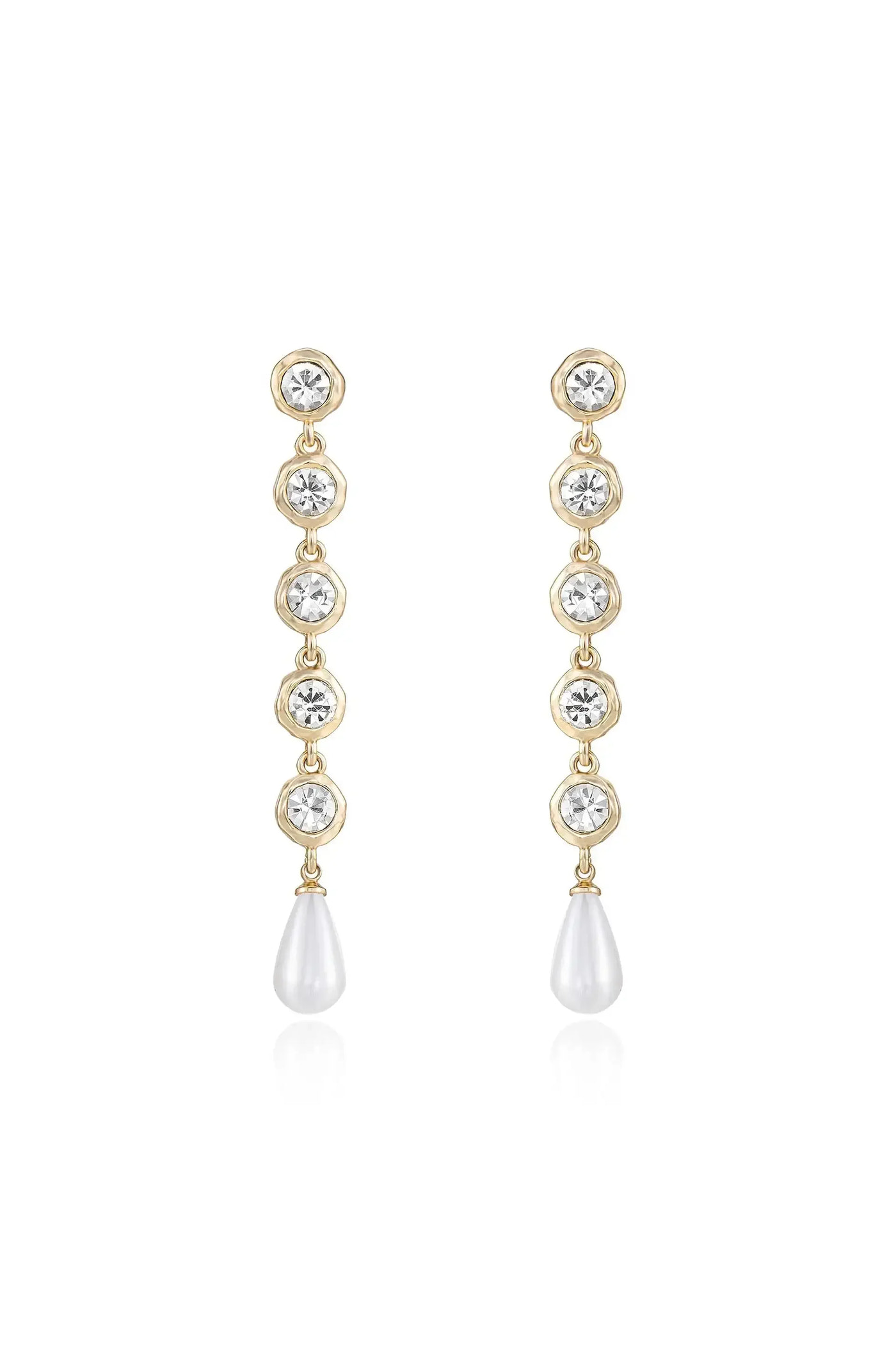 Gold earrings feature a linear design with alternating clear stones and a pearl drop at the bottom. They are displayed against a clean white background, emphasizing their elegance.