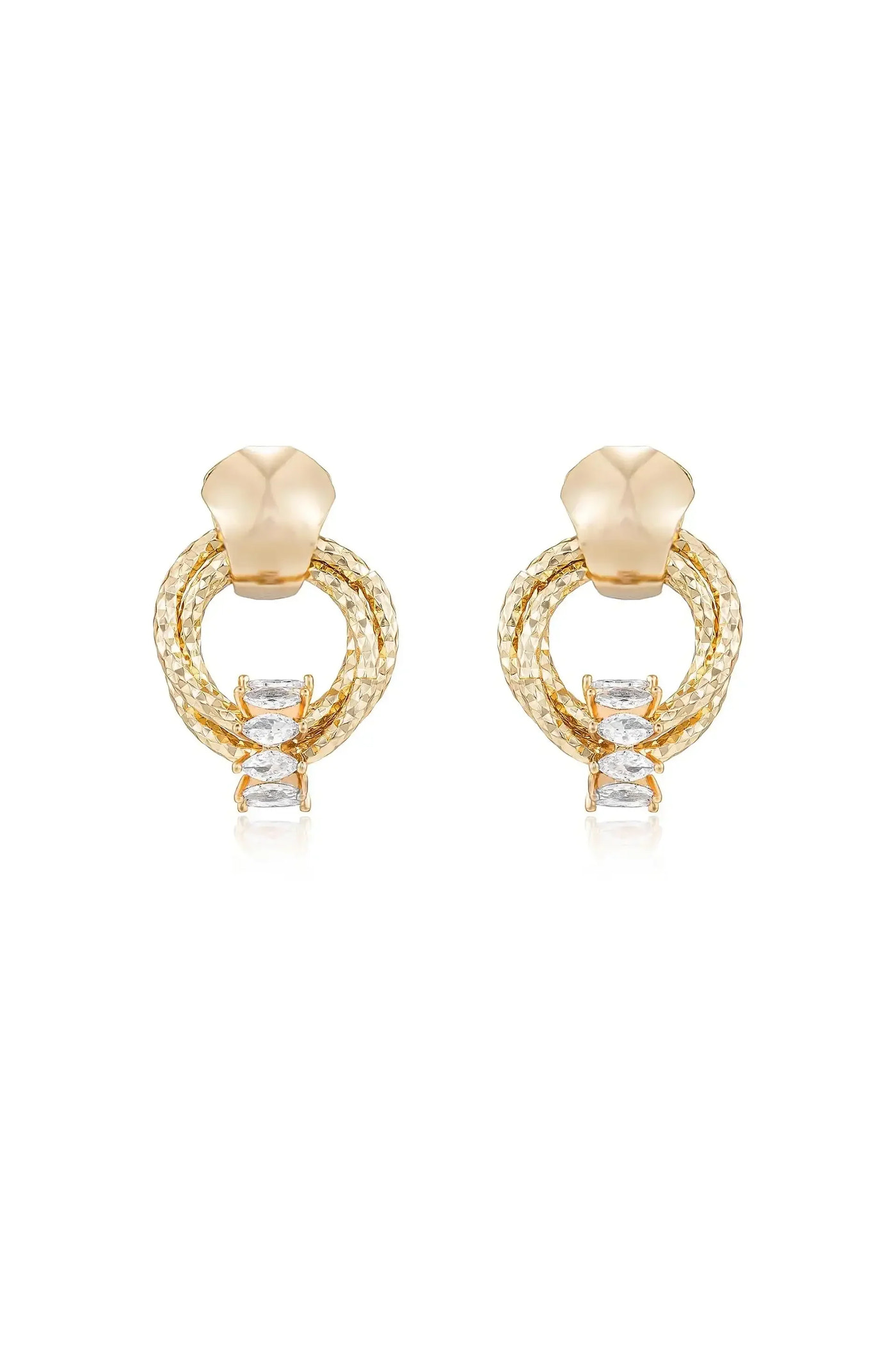 Gold earrings are displayed, featuring interwoven circular designs with three clear gemstones in the center. They are set against a white background, highlighting their elegant and shiny appearance.