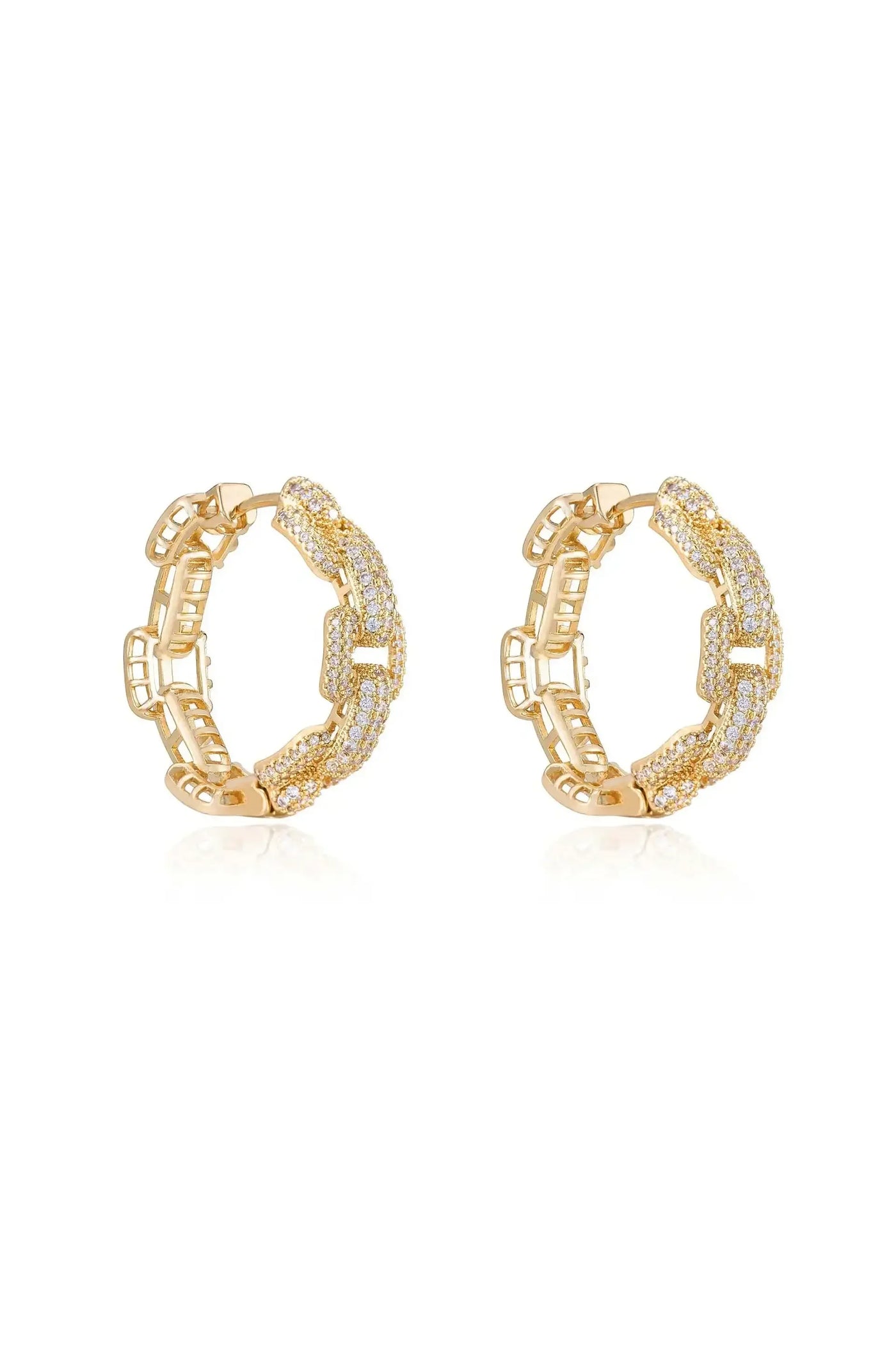 Gold hoop earrings featuring intricate designs with sparkling embellishments. They are displayed against a clean, white background, highlighting their shine and detail.