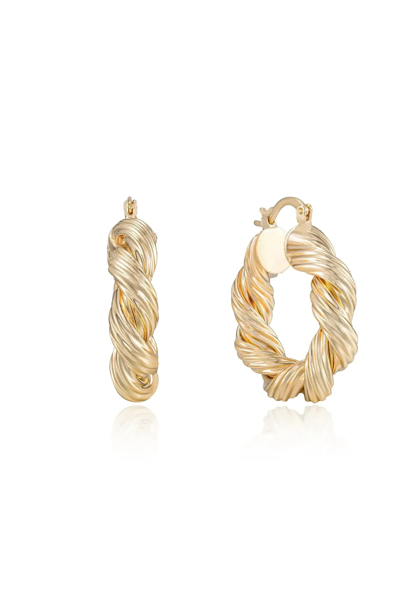 Gold earrings feature twisted designs, one in a dangling shape and the other as a hoop. They are displayed against a white background, emphasizing their shiny, textured surface.
