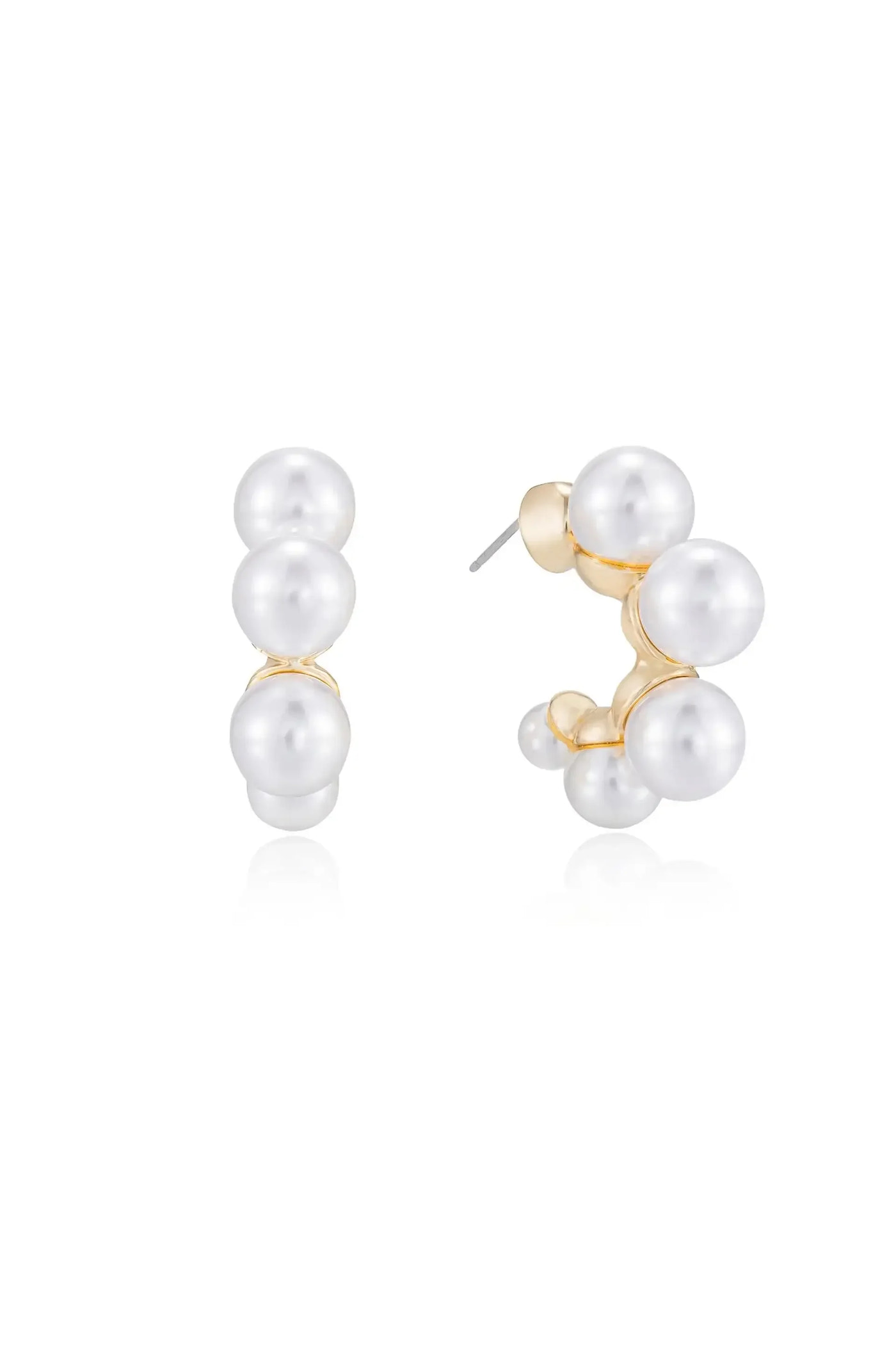 A pair of elegant pearl earrings with a gold base, featuring multiple round pearls arranged in a curvy design, are displayed against a plain white background.