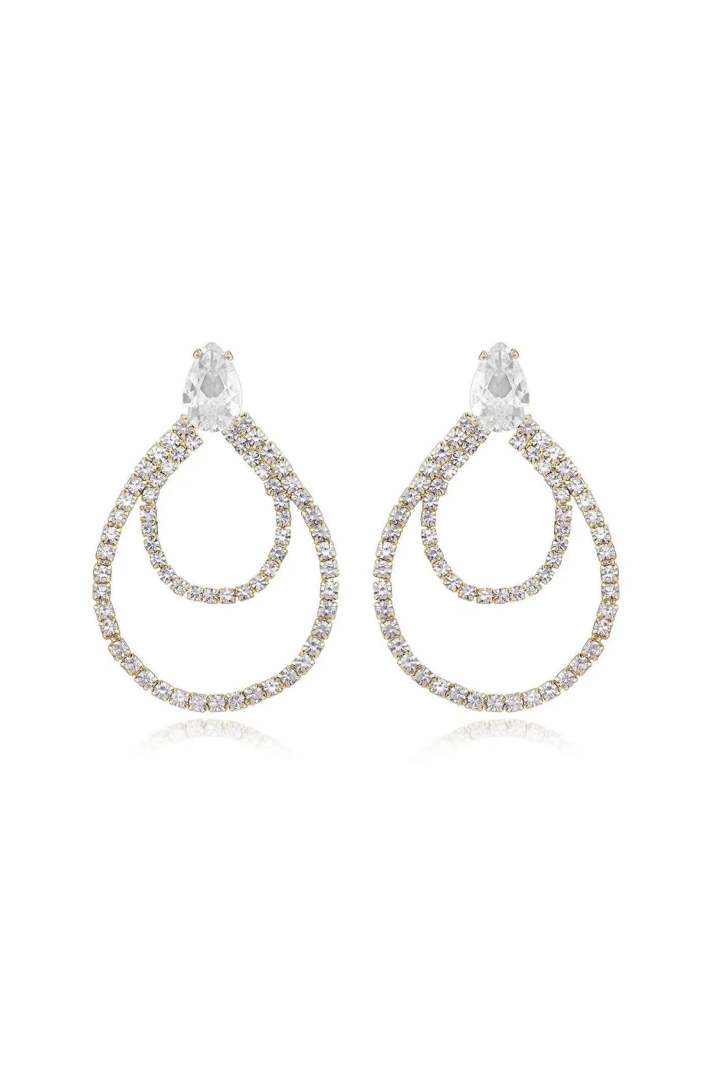 Two elegant gold and clear crystal earrings hang symmetrically. They feature a teardrop design with intricate loops, set against a plain background, showcasing their shiny, reflective surface.