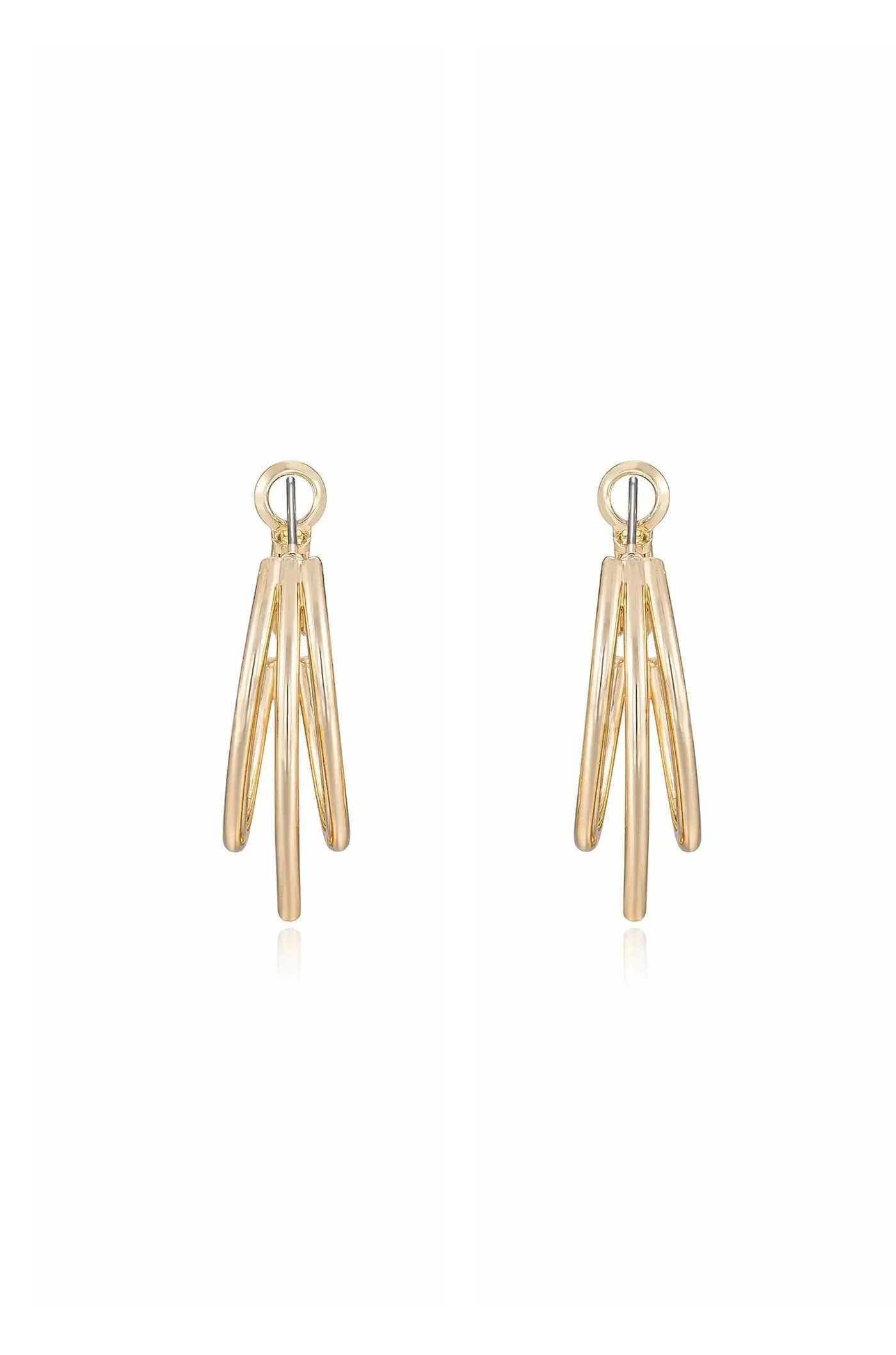 Gold hoop earrings hang vertically, featuring multiple elongated loops that create a cascading effect. The earrings are displayed against a plain white background, emphasizing their elegant design.
