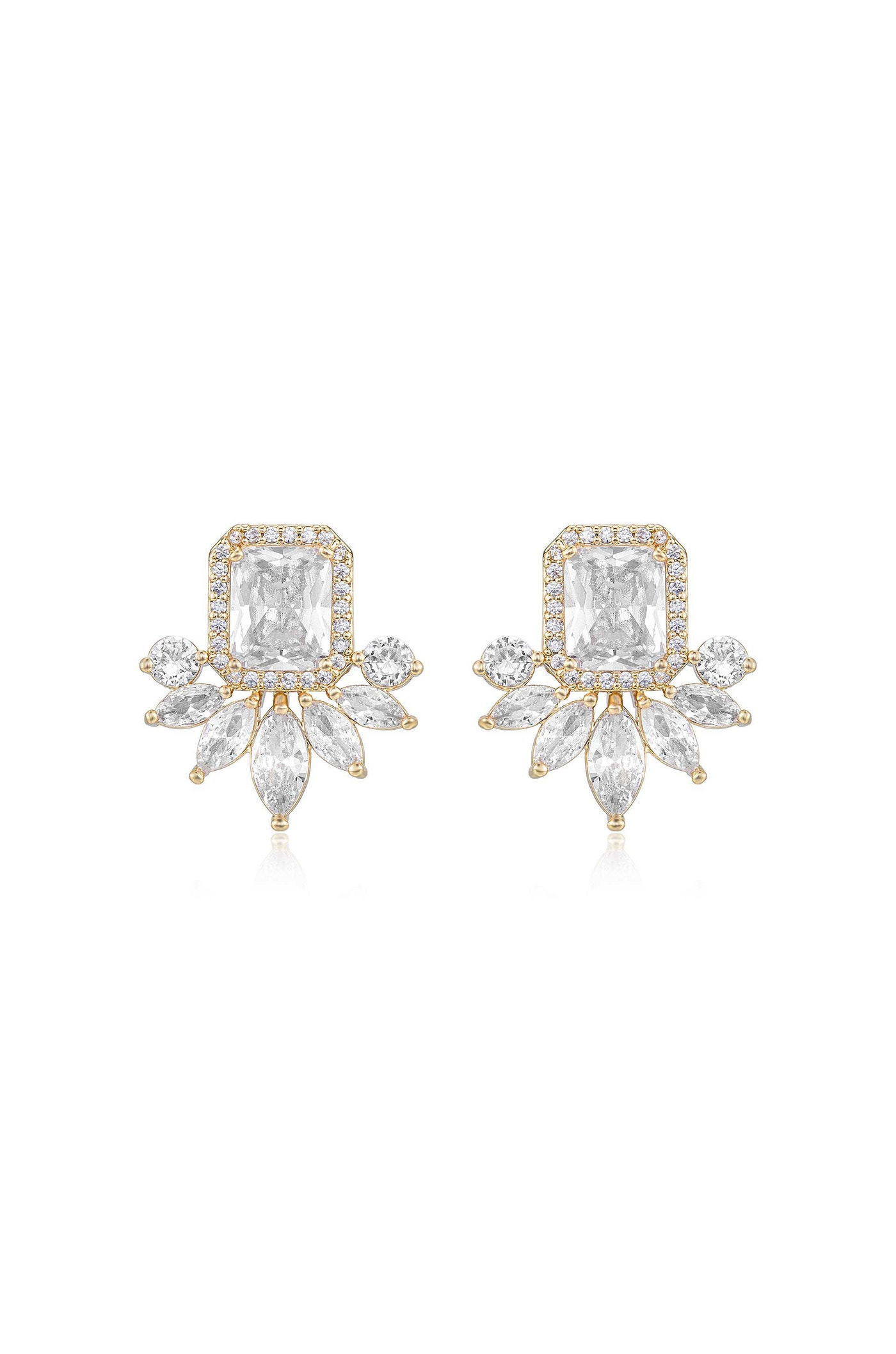 A pair of sparkling earrings featuring a rectangular clear gemstone surrounded by smaller round and marquise-cut stones, set in gold, radiating elegance against a plain background.