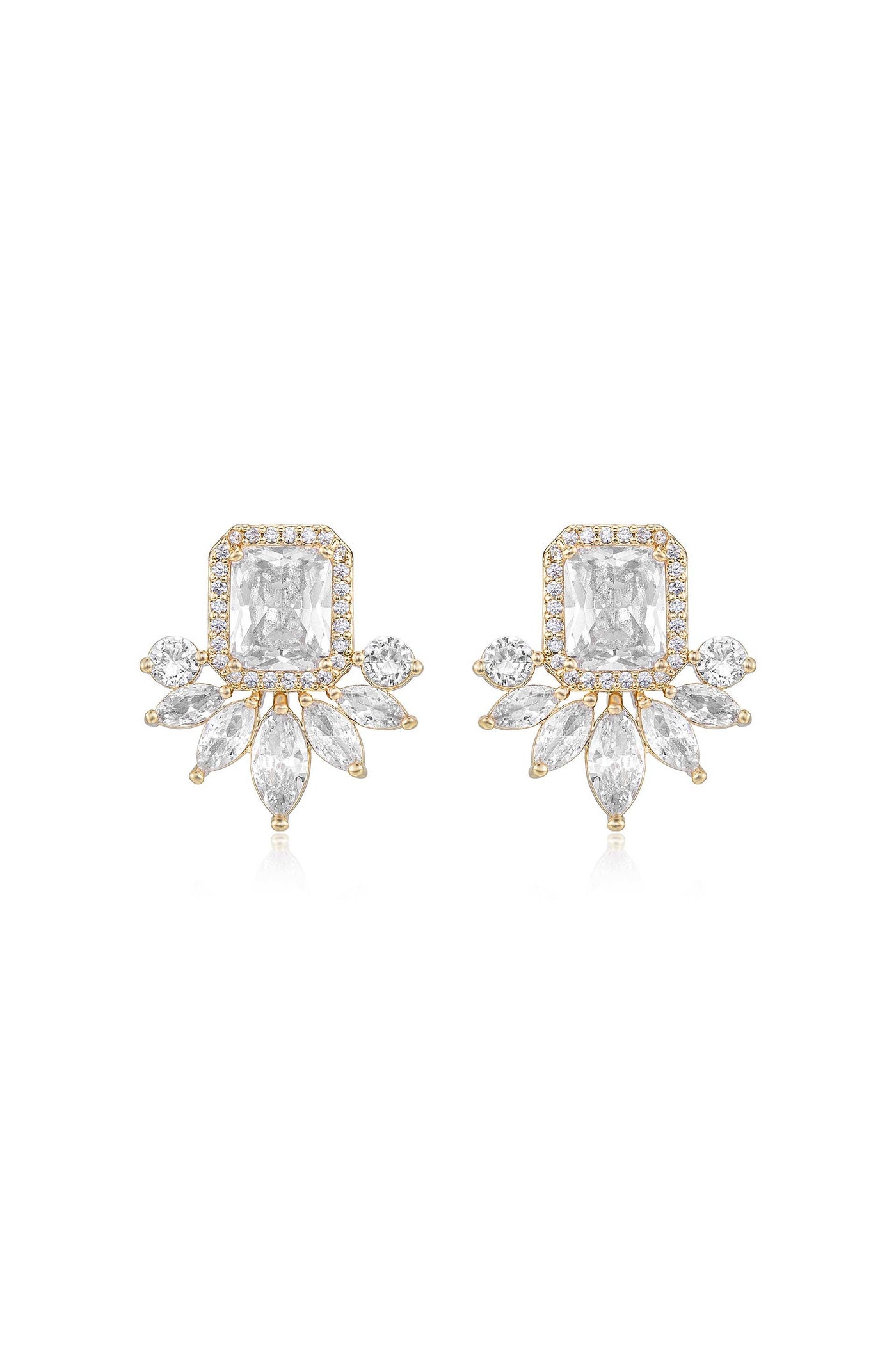 A pair of sparkling earrings featuring a rectangular clear gemstone surrounded by smaller round and marquise-cut stones, set in gold, radiating elegance against a plain background.