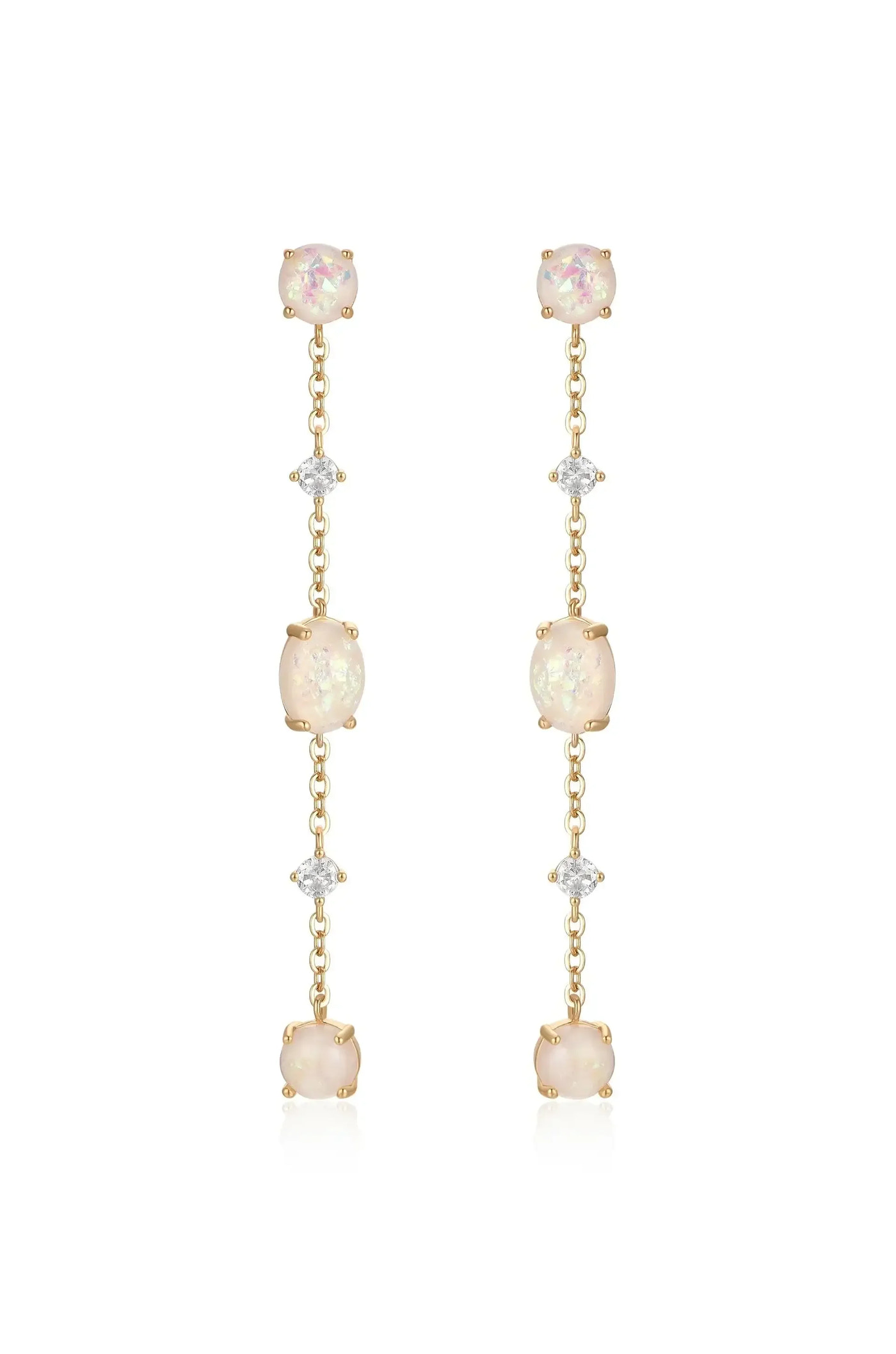 Two long, dangling earrings feature alternating opal and diamond-like stones set in gold. They hang gracefully, catching the light, suggesting elegance and sophistication.