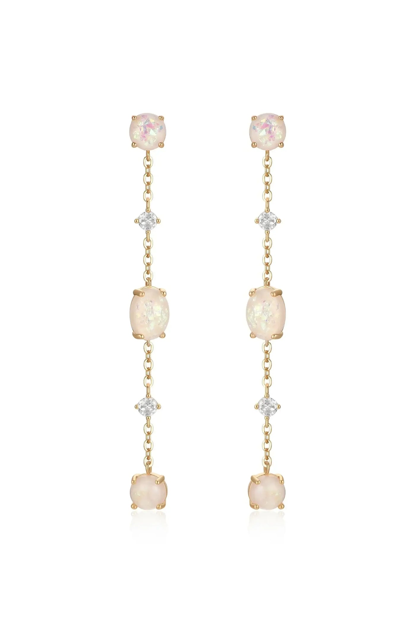 Two long, dangling earrings feature alternating opal and diamond-like stones set in gold. They hang gracefully, catching the light, suggesting elegance and sophistication.