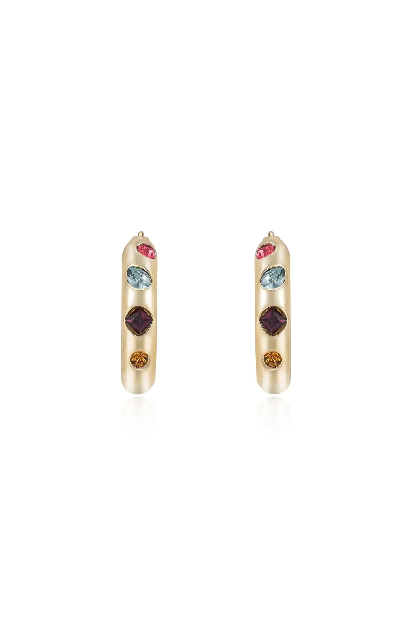 Two elegant earrings are displayed, featuring a slender gold structure adorned with various colored gemstones. The setting emphasizes a sophisticated design, suitable for formal or casual occasions.
