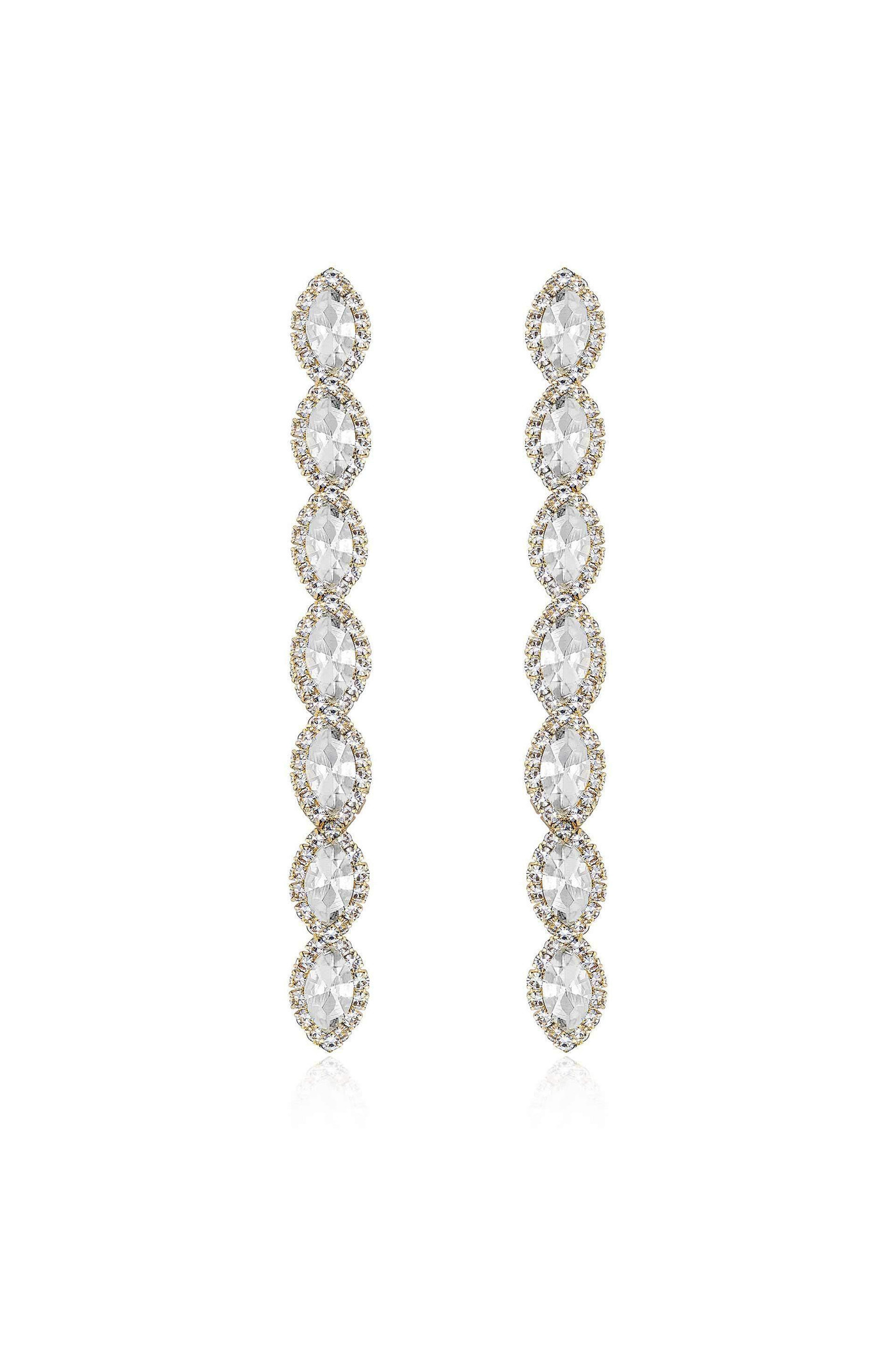 Dangling earrings feature a series of oval cut gemstones set in a gold-toned frame. They are displayed against a plain background, reflecting light elegantly to emphasize their brilliance.