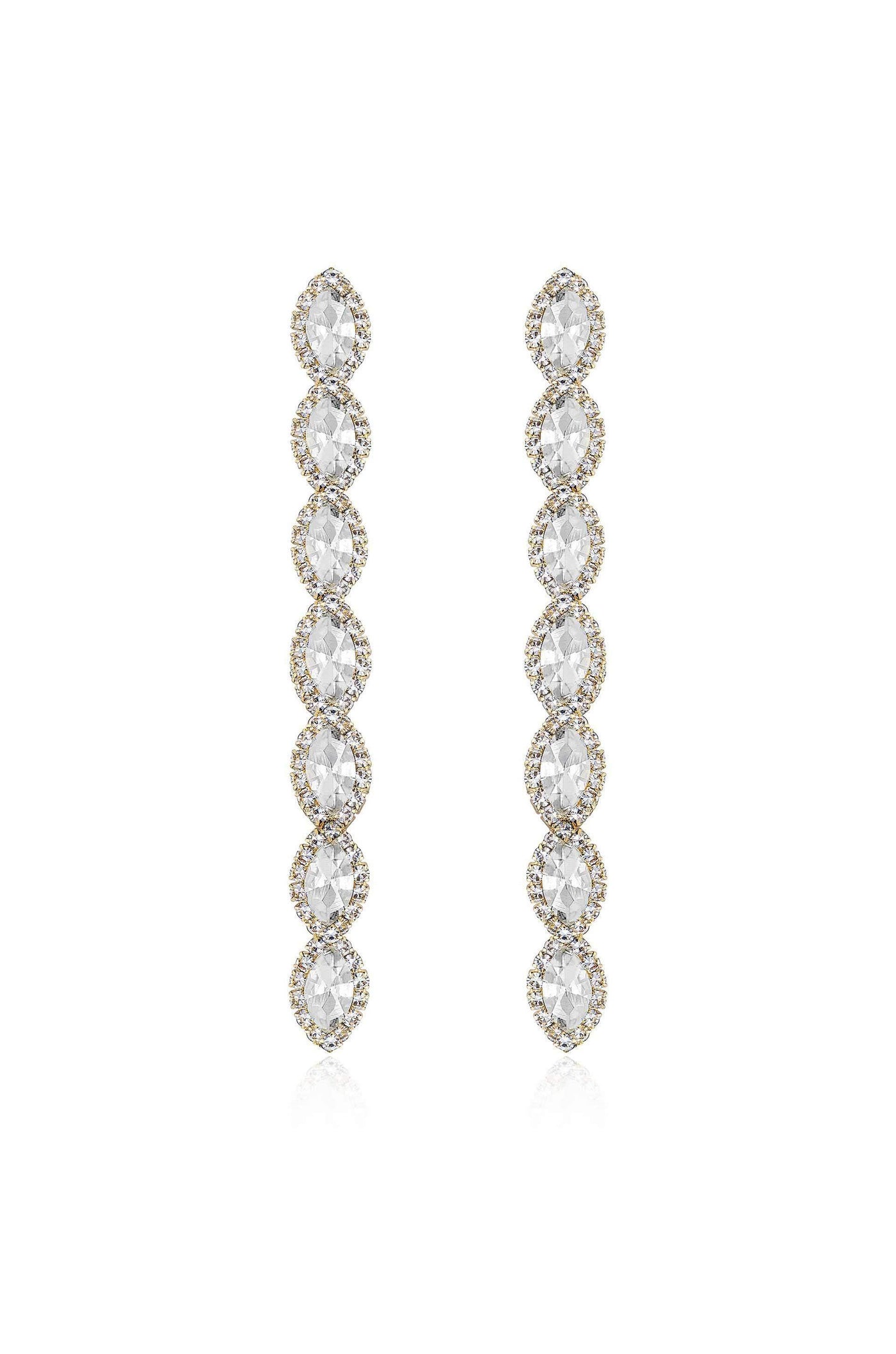 Dangling earrings feature a series of oval cut gemstones set in a gold-toned frame. They are displayed against a plain background, reflecting light elegantly to emphasize their brilliance.