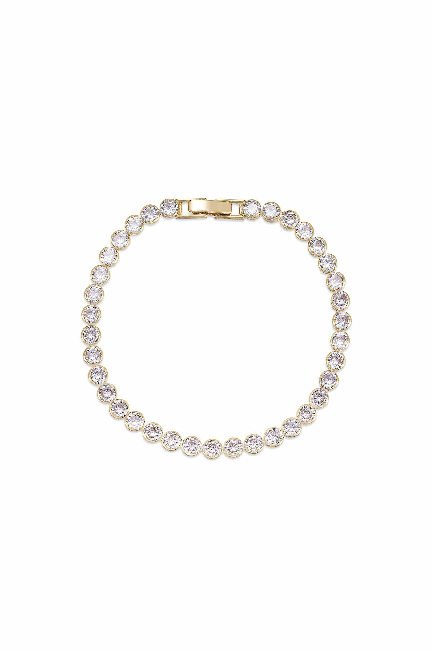 A gold bracelet featuring a series of evenly spaced, brilliant-cut clear stones. It is positioned flat against a plain white background, highlighting its elegance and shine.