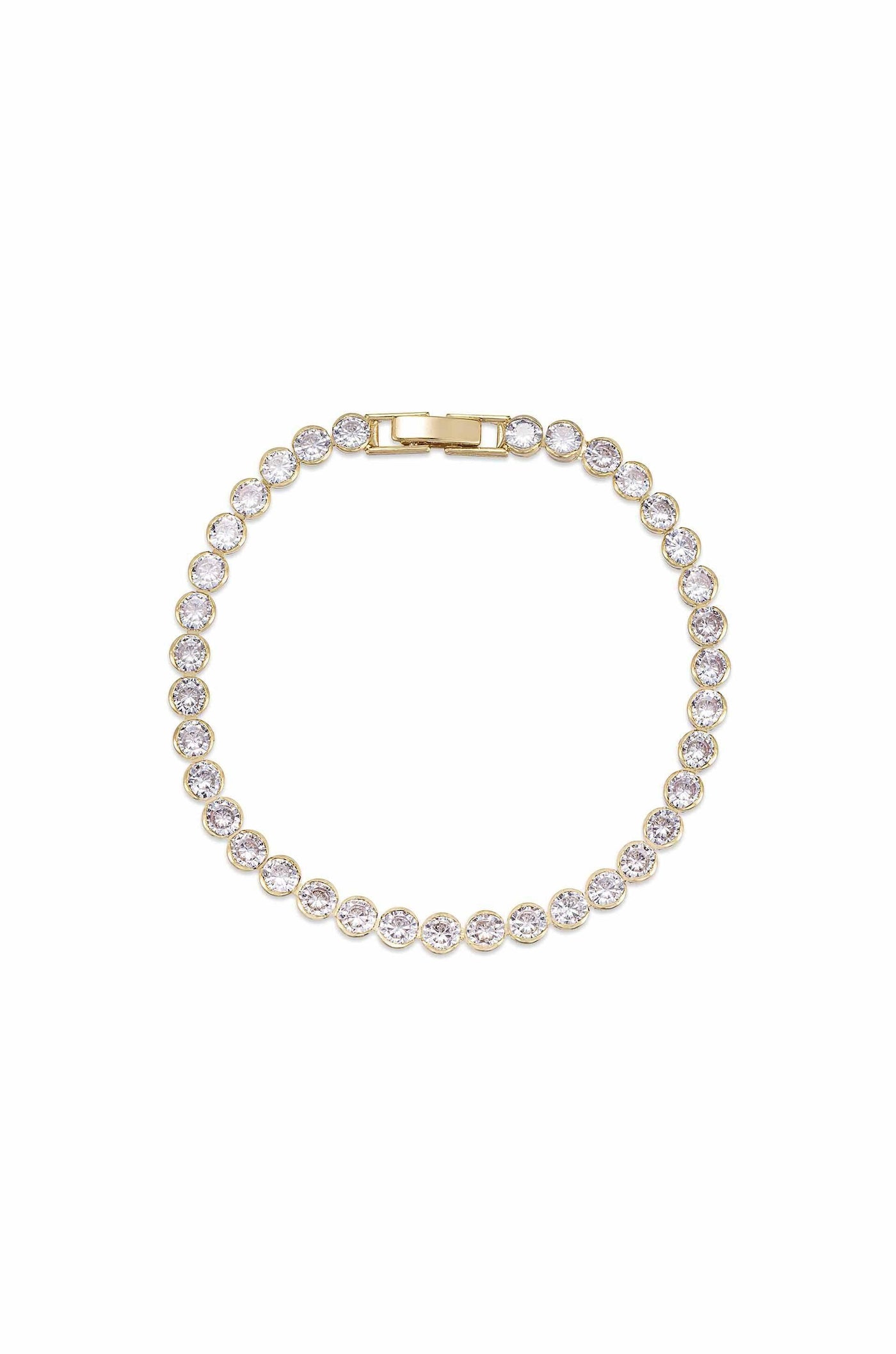 A gold bracelet featuring a series of evenly spaced, brilliant-cut clear stones. It is positioned flat against a plain white background, highlighting its elegance and shine.