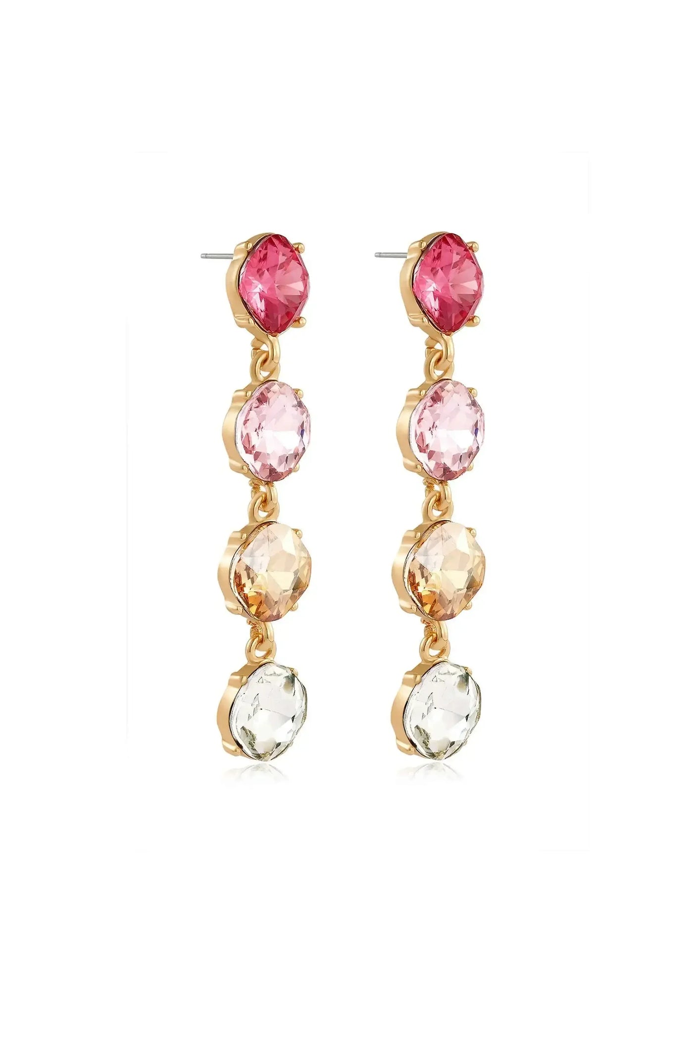 Long, dangling earrings feature five colored stonesâ€”red, pink, amber, and clearâ€”set in gold-toned metal. They hang elegantly, reflecting light in a neutral background.