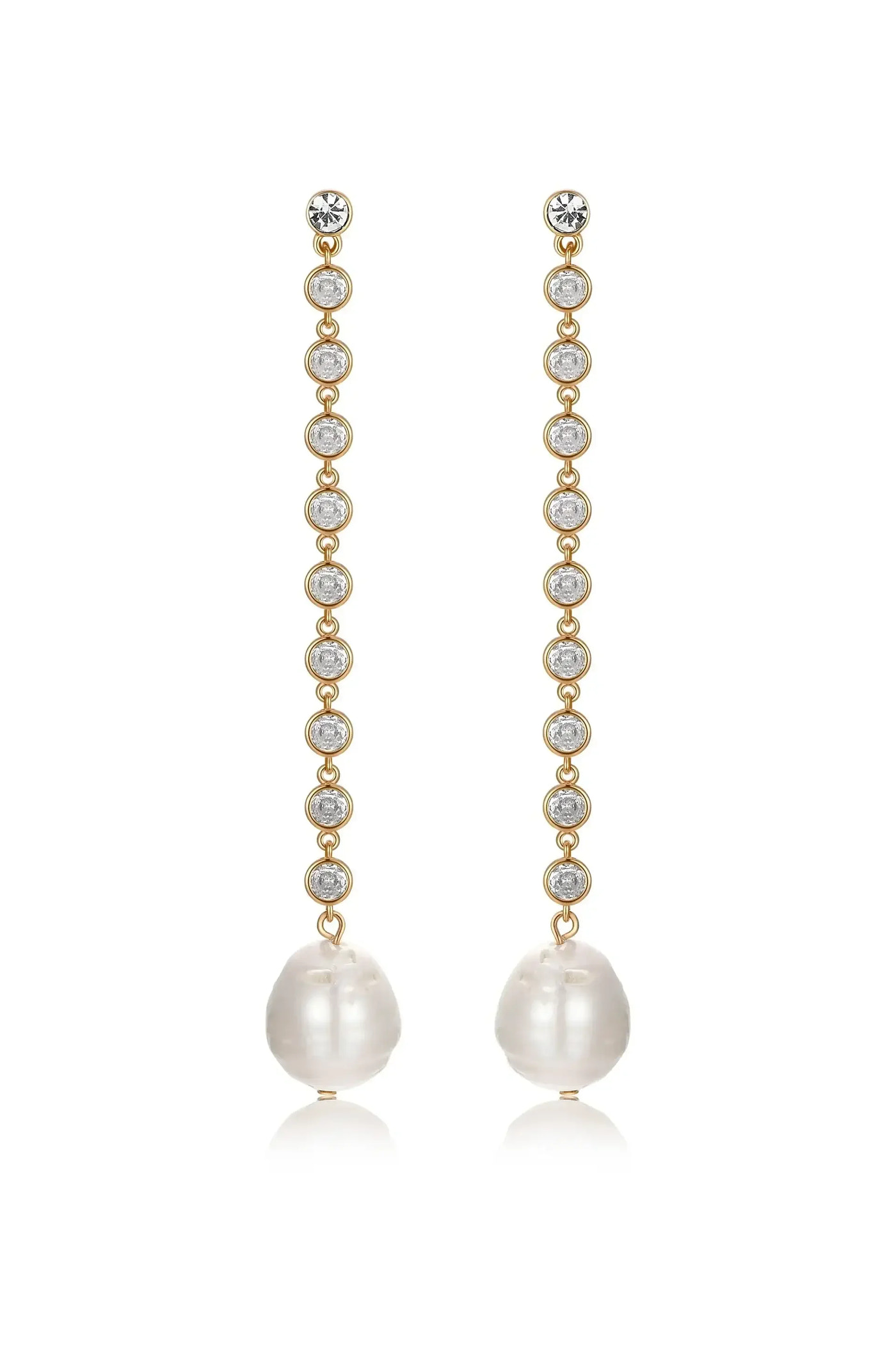 Elegant earrings feature a vertical design with round gemstones and a large pearl at the bottom. They hang delicately, suitable for formal or elegant occasions.