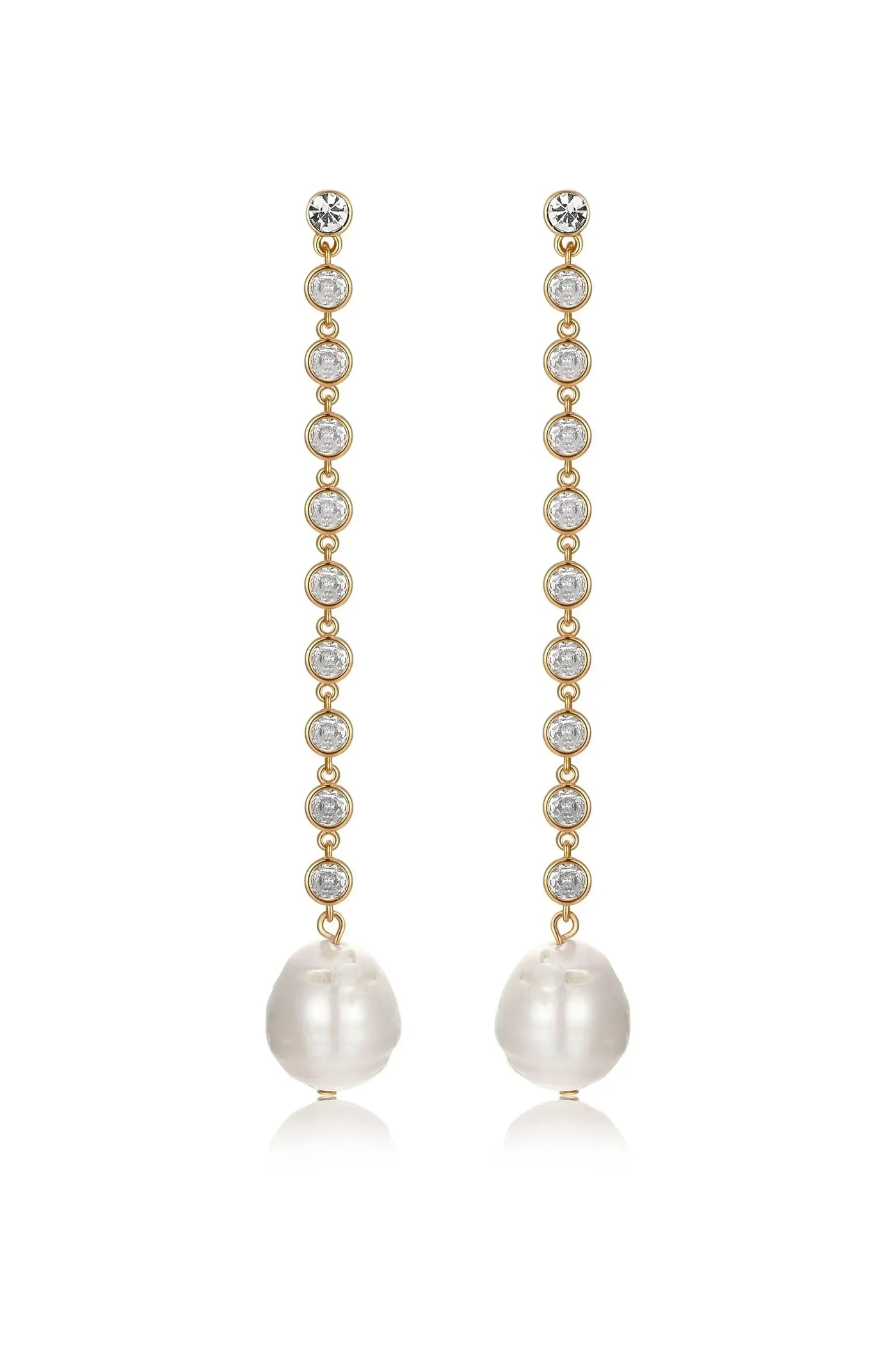 Elegant earrings feature a vertical design with round gemstones and a large pearl at the bottom. They hang delicately, suitable for formal or elegant occasions.