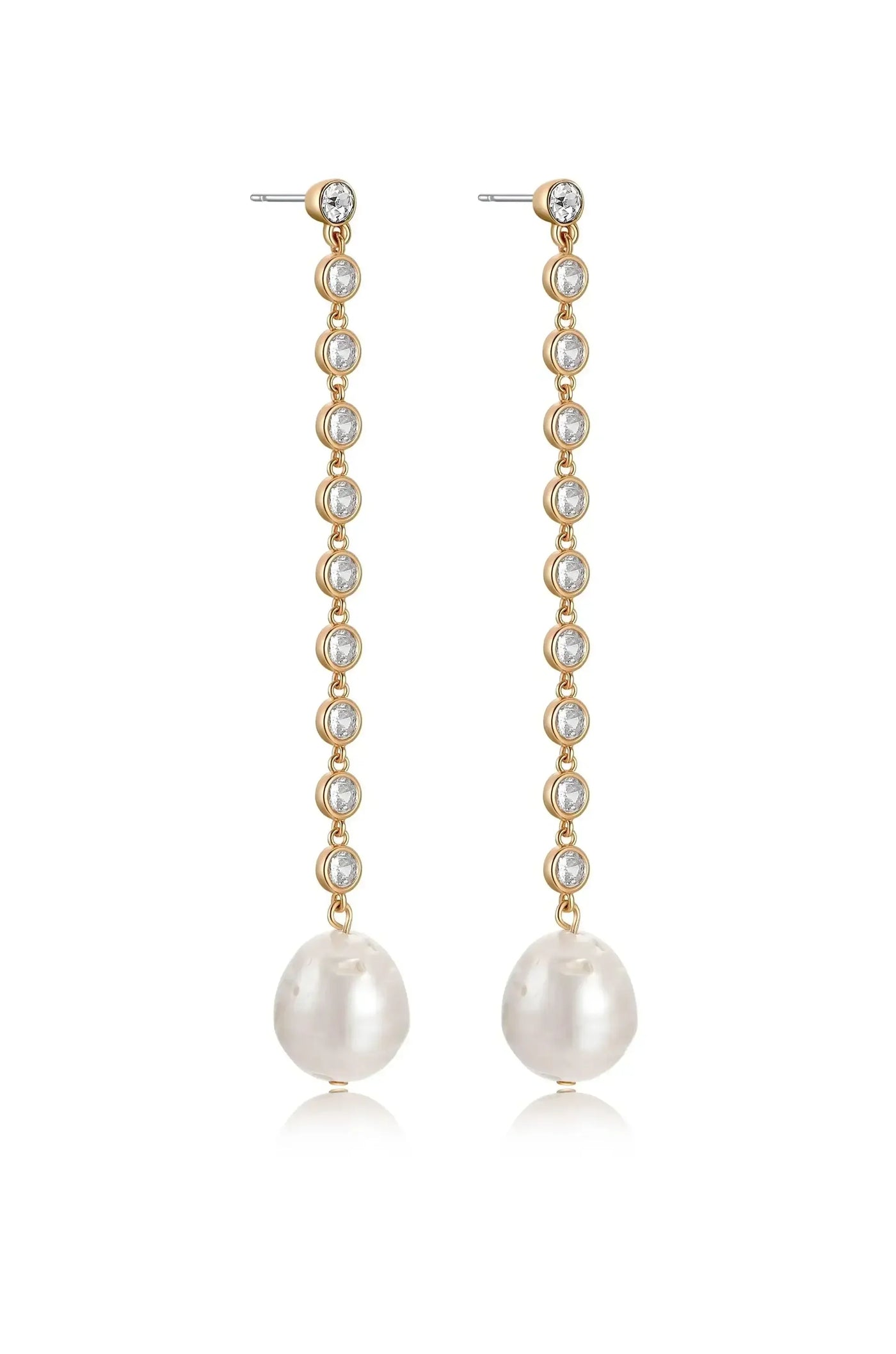 Two elegant earrings hang vertically, featuring sparkling gemstones connected by gold links, finishing with a prominent, lustrous pearl at the bottom of each earring.