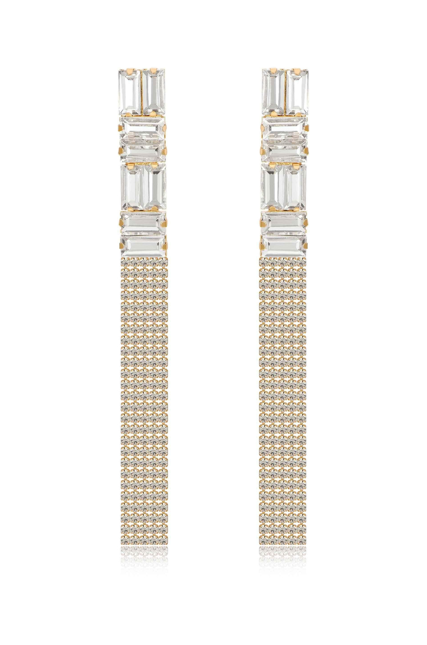 Two elegant earrings feature a vertical design with clear rectangular gemstones at the top, followed by a sparkling band of smaller stones, set against a simple, reflective background.