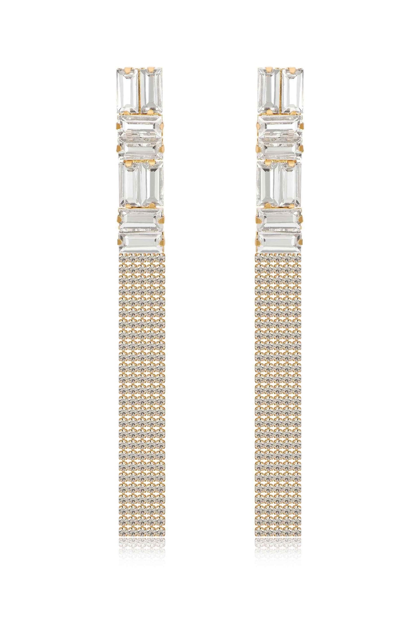 Two elegant earrings feature a vertical design with clear rectangular gemstones at the top, followed by a sparkling band of smaller stones, set against a simple, reflective background.