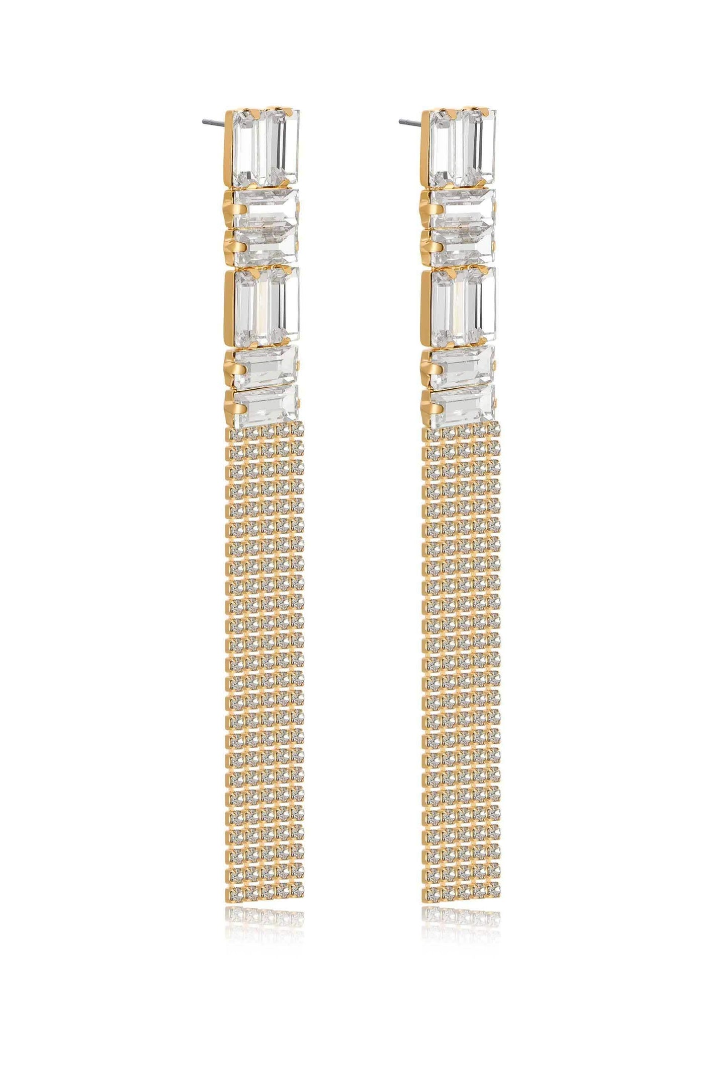 Two long, hanging earrings made of metallic gold and clear gemstones. They feature a rectangular gem pattern at the top and a grid of small gems below, suitable for formal wear.