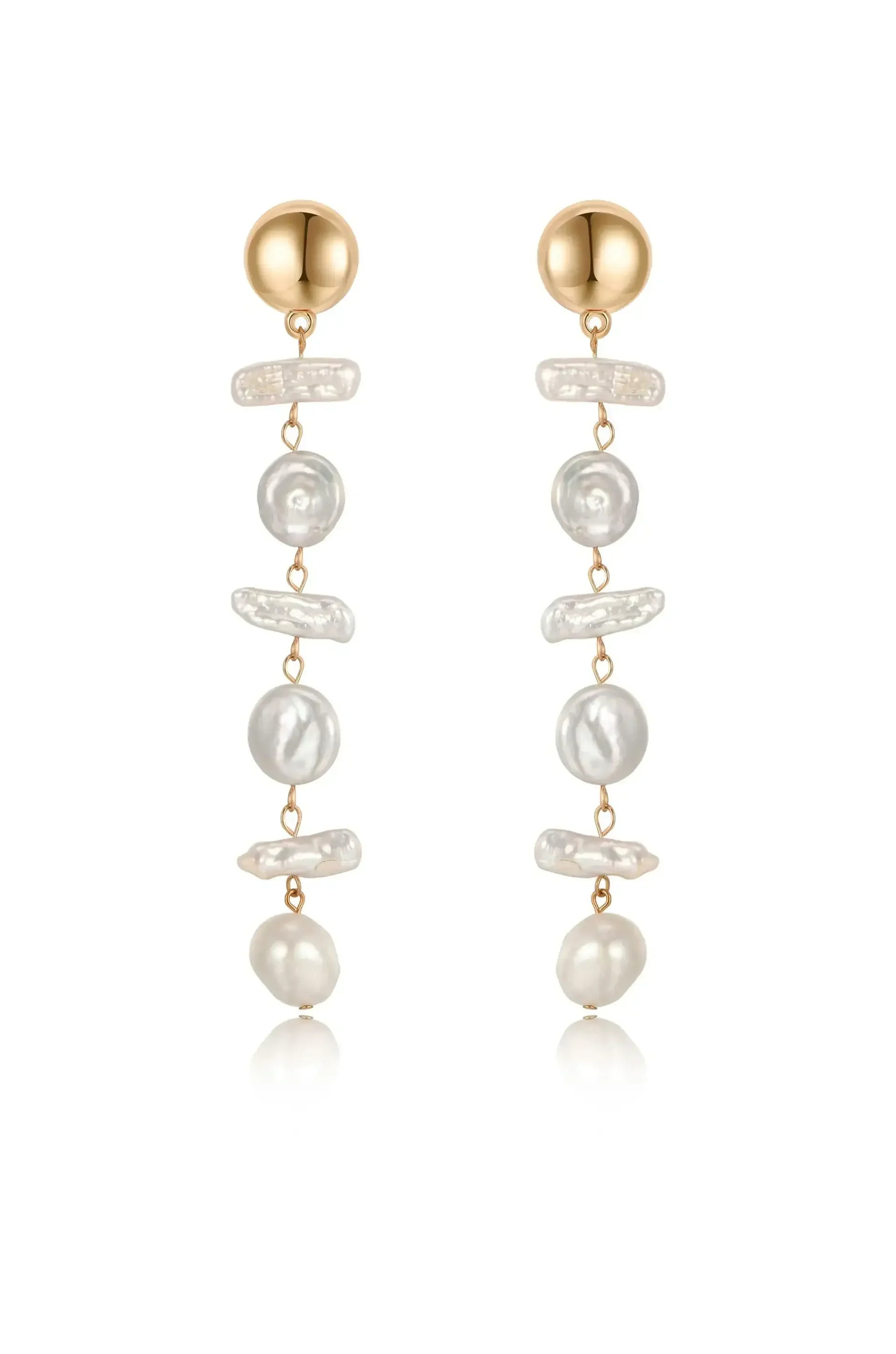 Gold-colored earrings feature multiple strands of assorted pearls, cascading elegantly with a mix of round and irregular shapes, set against a softly reflective background.