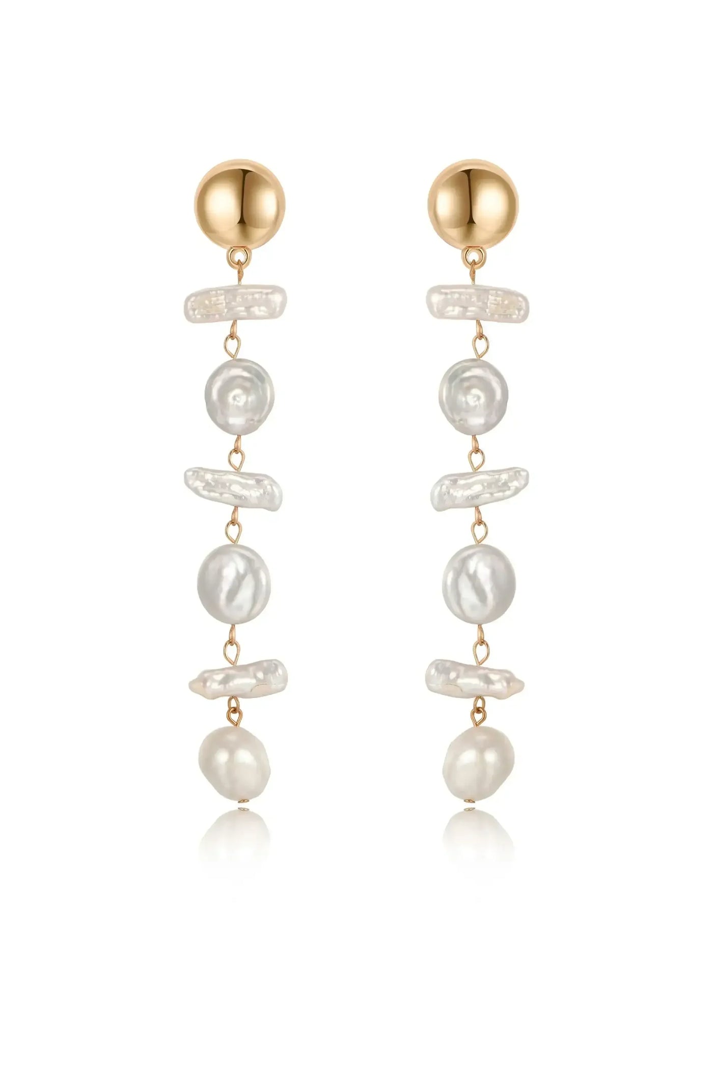 Gold-colored earrings feature multiple strands of assorted pearls, cascading elegantly with a mix of round and irregular shapes, set against a softly reflective background.
