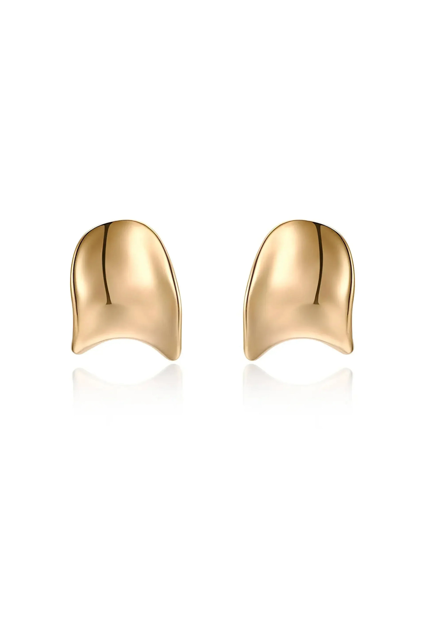 Shiny gold earrings are prominently displayed, reflecting light. Their smooth, curved design suggests elegance, set against a clean, white background that enhances their visual appeal.