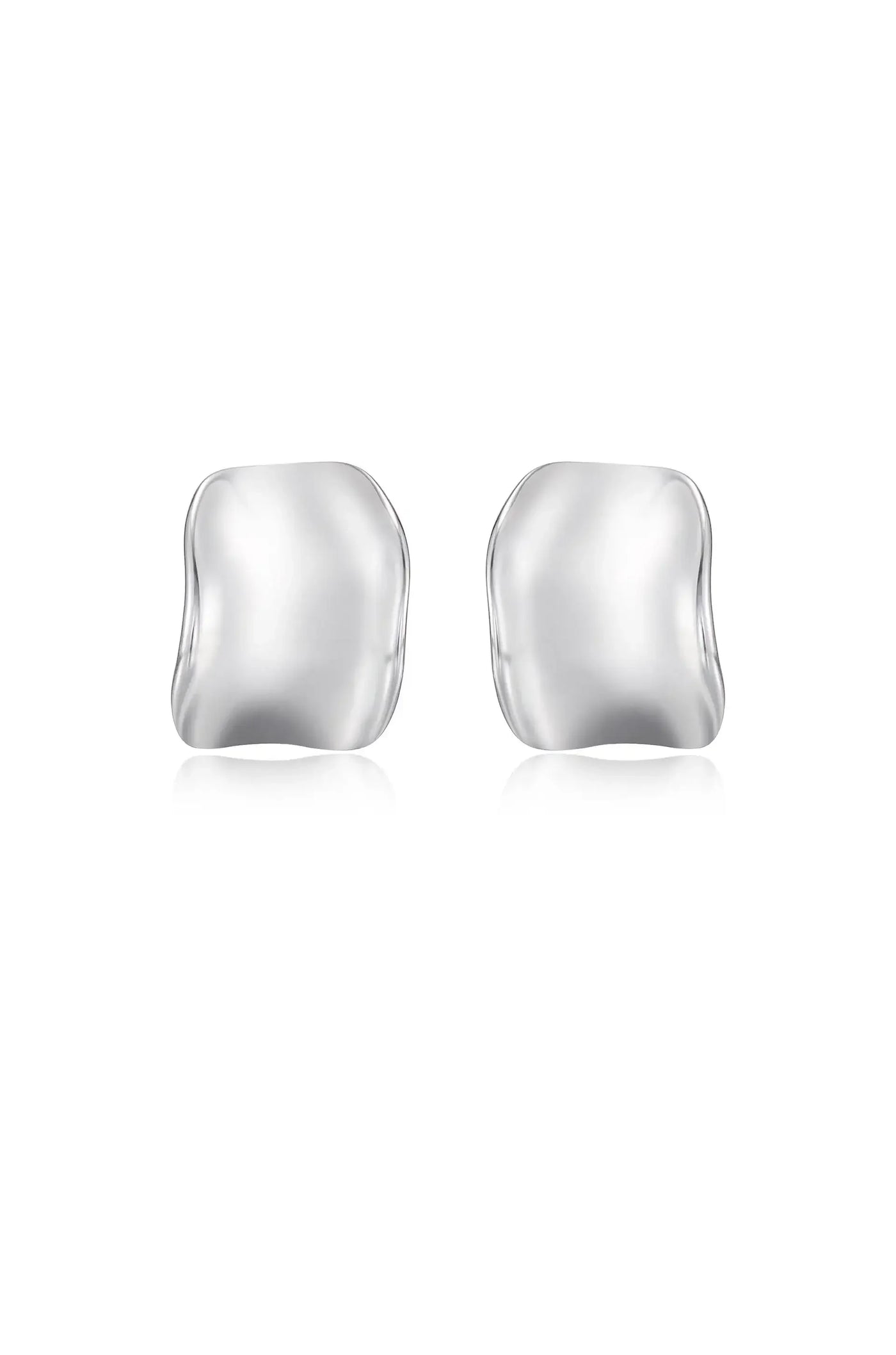 Two silver earrings are displayed, featuring an abstract, fluid shape. They appear polished and reflective, set against a plain white background that emphasizes their elegant design.