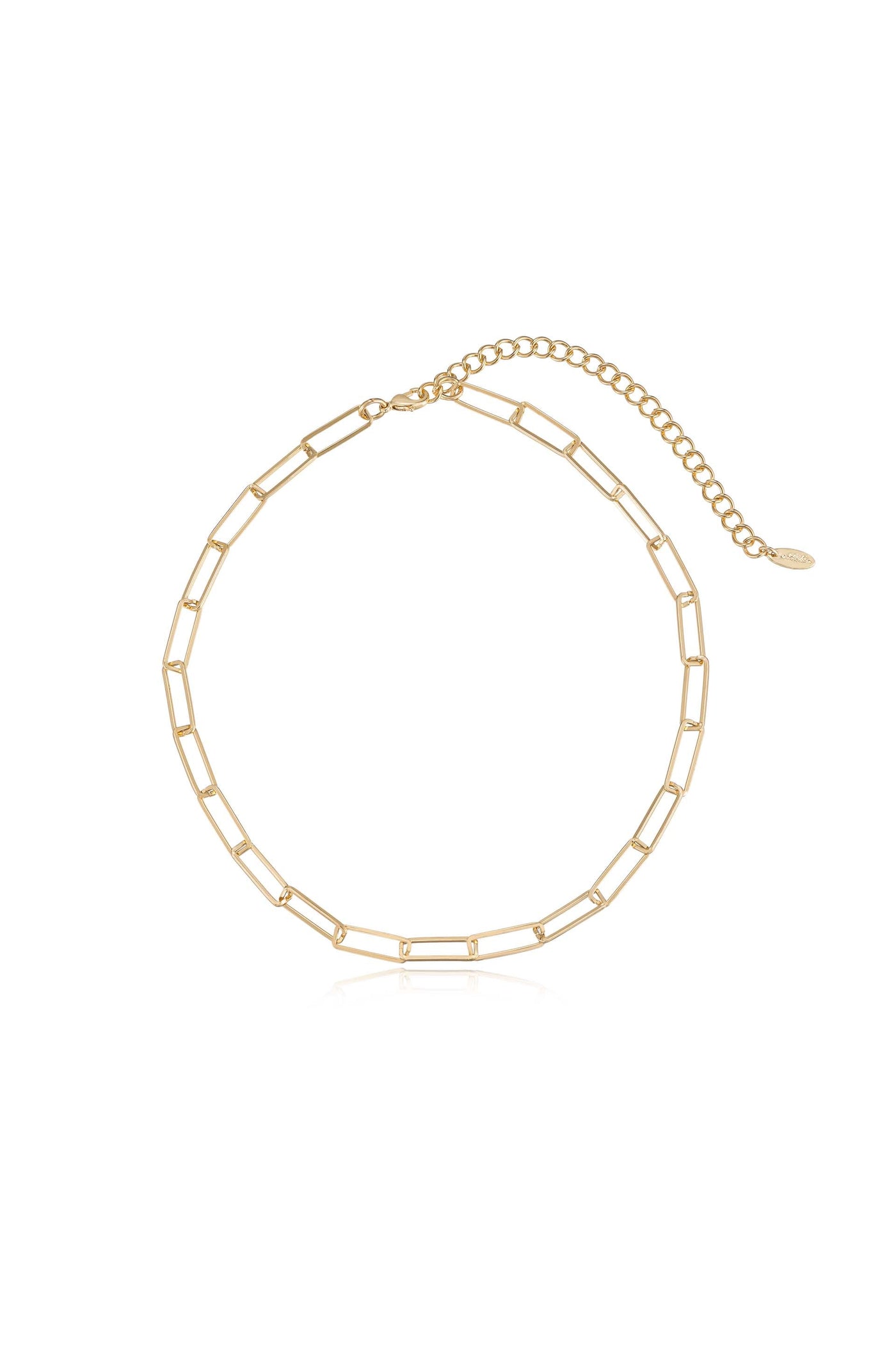 A delicate gold chain necklace features rectangular links, creating an elegant design. It has an adjustable clasp with a decorative chain extension, suitable for various neck sizes.