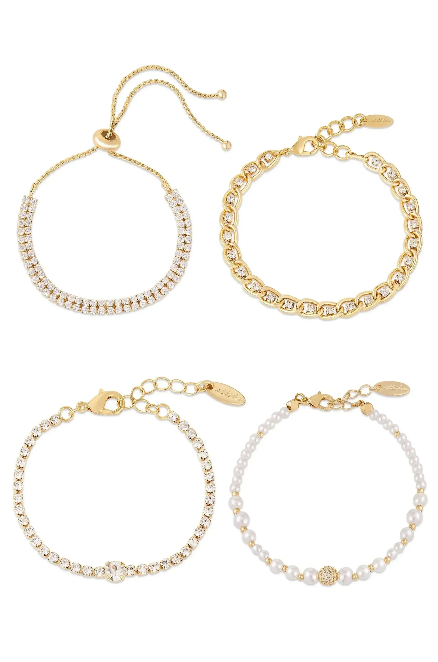Four bracelets are displayed: a gold chain bracelet, a sparkling rhinestone bracelet, a pearl bracelet with a decorative gold bead, and a thin bracelet with a shiny centerpiece, all arranged neatly.
