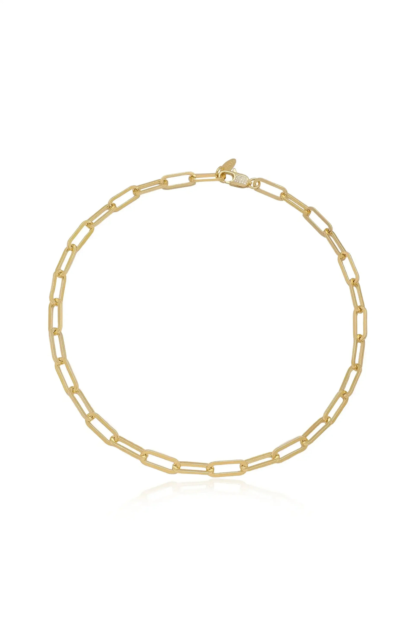 A gold chain necklace features elongated, linked segments, reflecting light. It is displayed on a white background, highlighting its polished surface and elegant design.