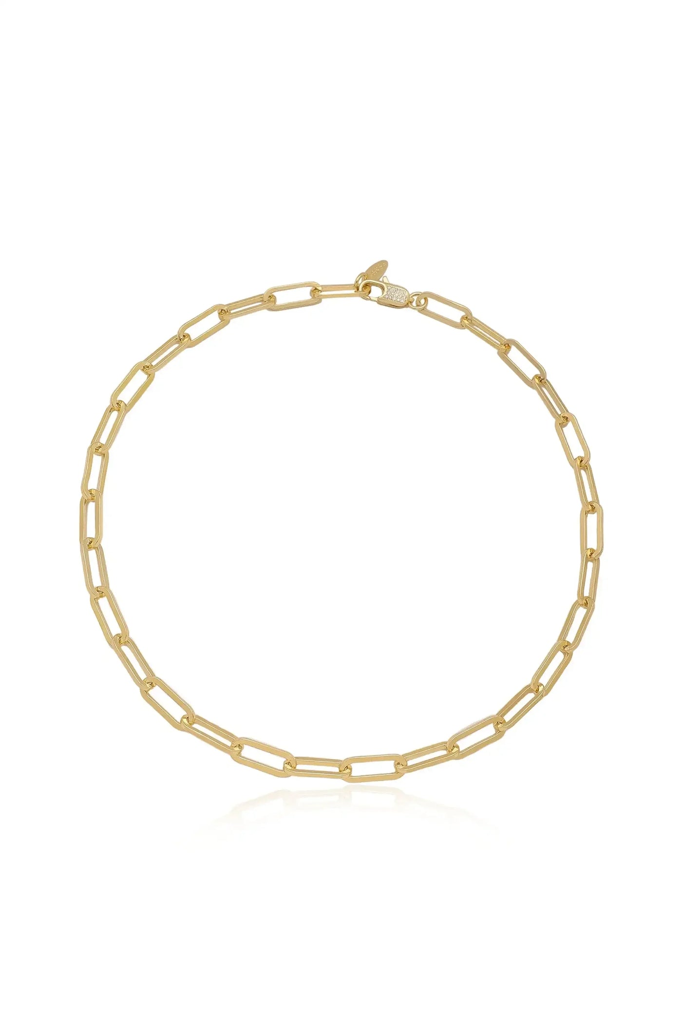 A gold chain necklace features elongated, linked segments, reflecting light. It is displayed on a white background, highlighting its polished surface and elegant design.