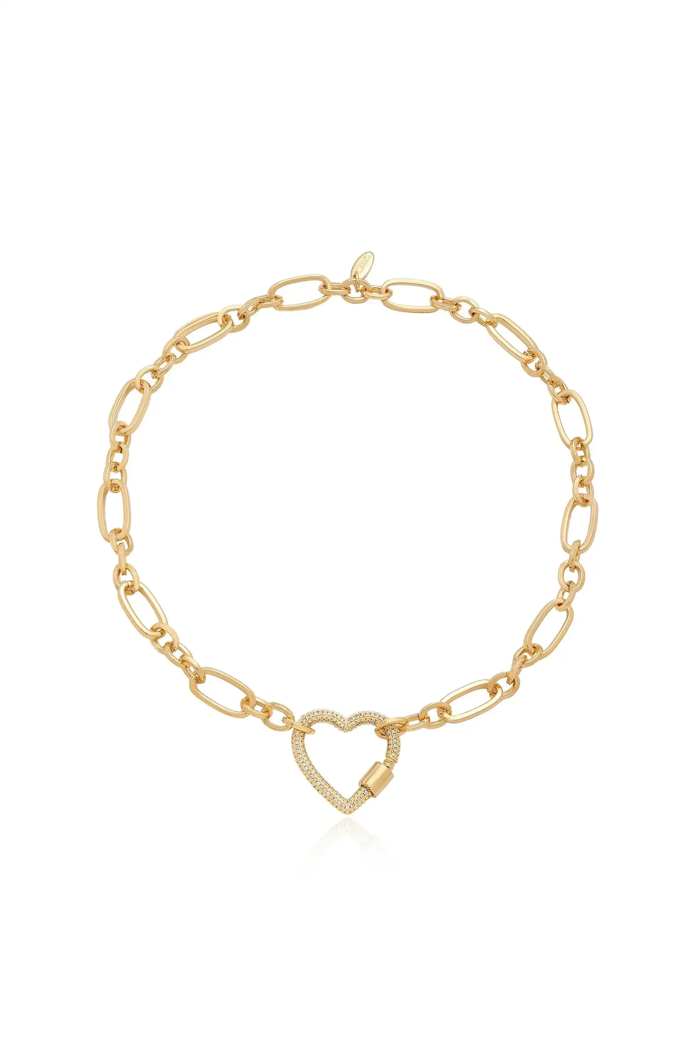 A gold chain necklace features alternating oval links and a heart-shaped clasp adorned with small sparkling stones, displayed against a plain white background.