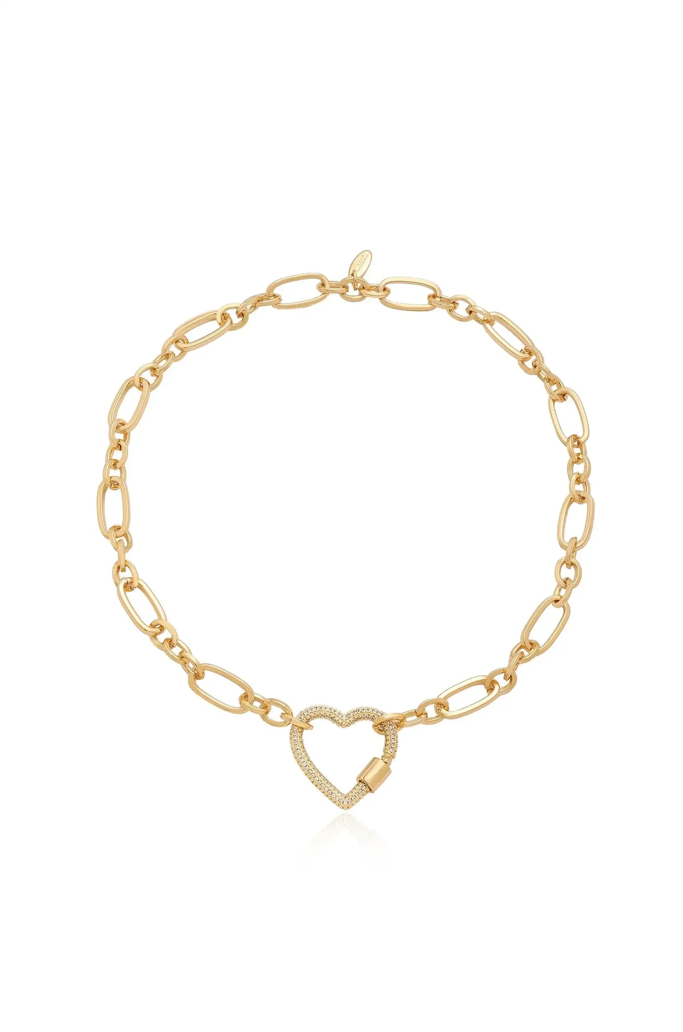 A gold chain necklace features alternating oval links and a heart-shaped clasp adorned with small sparkling stones, displayed against a plain white background.