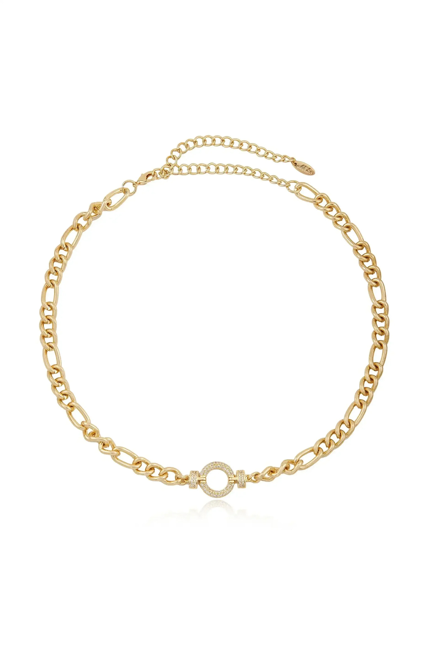 A gold chain necklace features large links with a smooth, circular clasp accented by small diamonds. It is displayed against a white background, emphasizing its elegance and design.