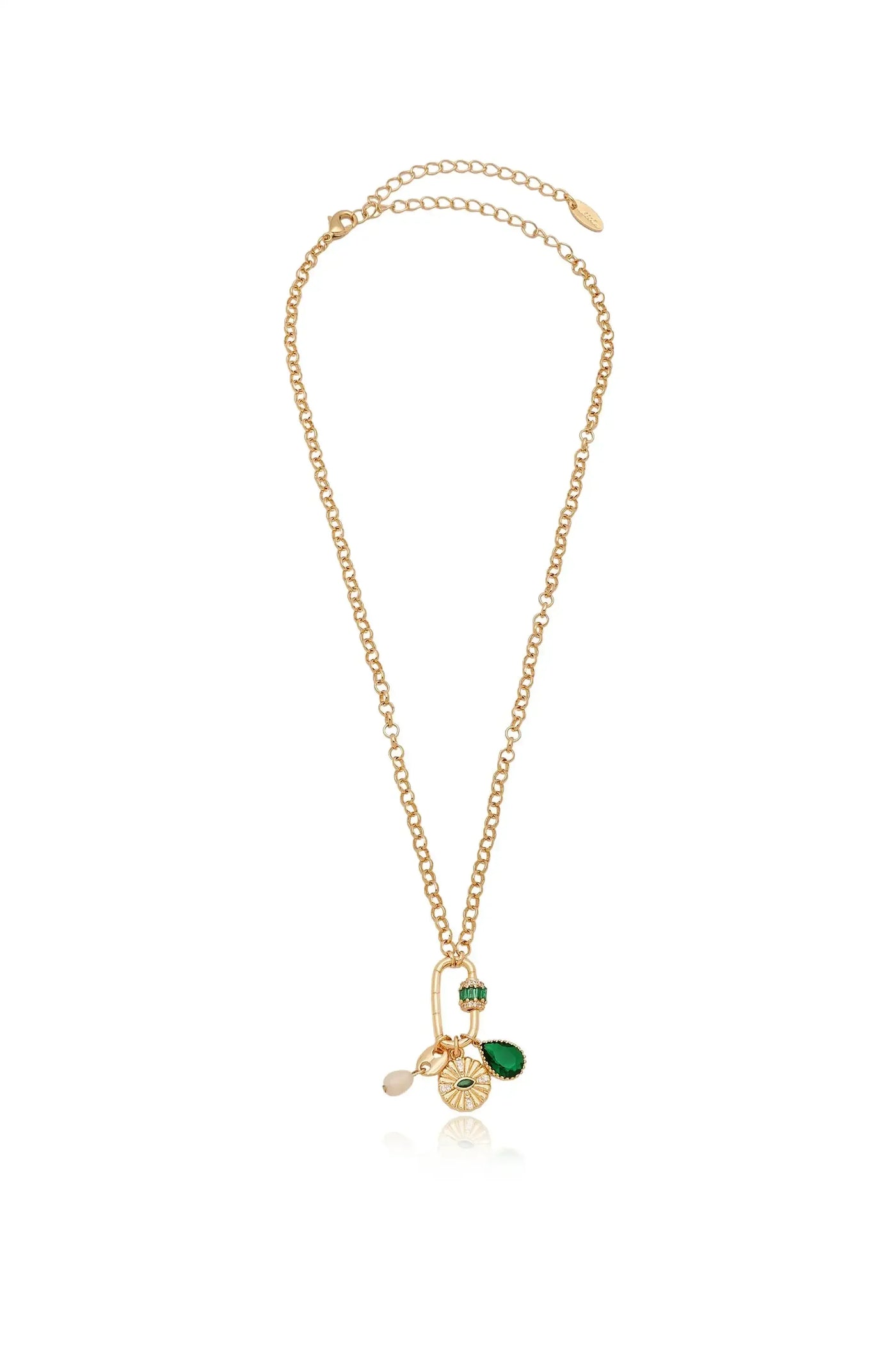 A gold necklace featuring a decorative pendant with various charms, including a circular design, a teardrop green stone, and a small bead. It hangs against a white background, emphasizing its elegance.