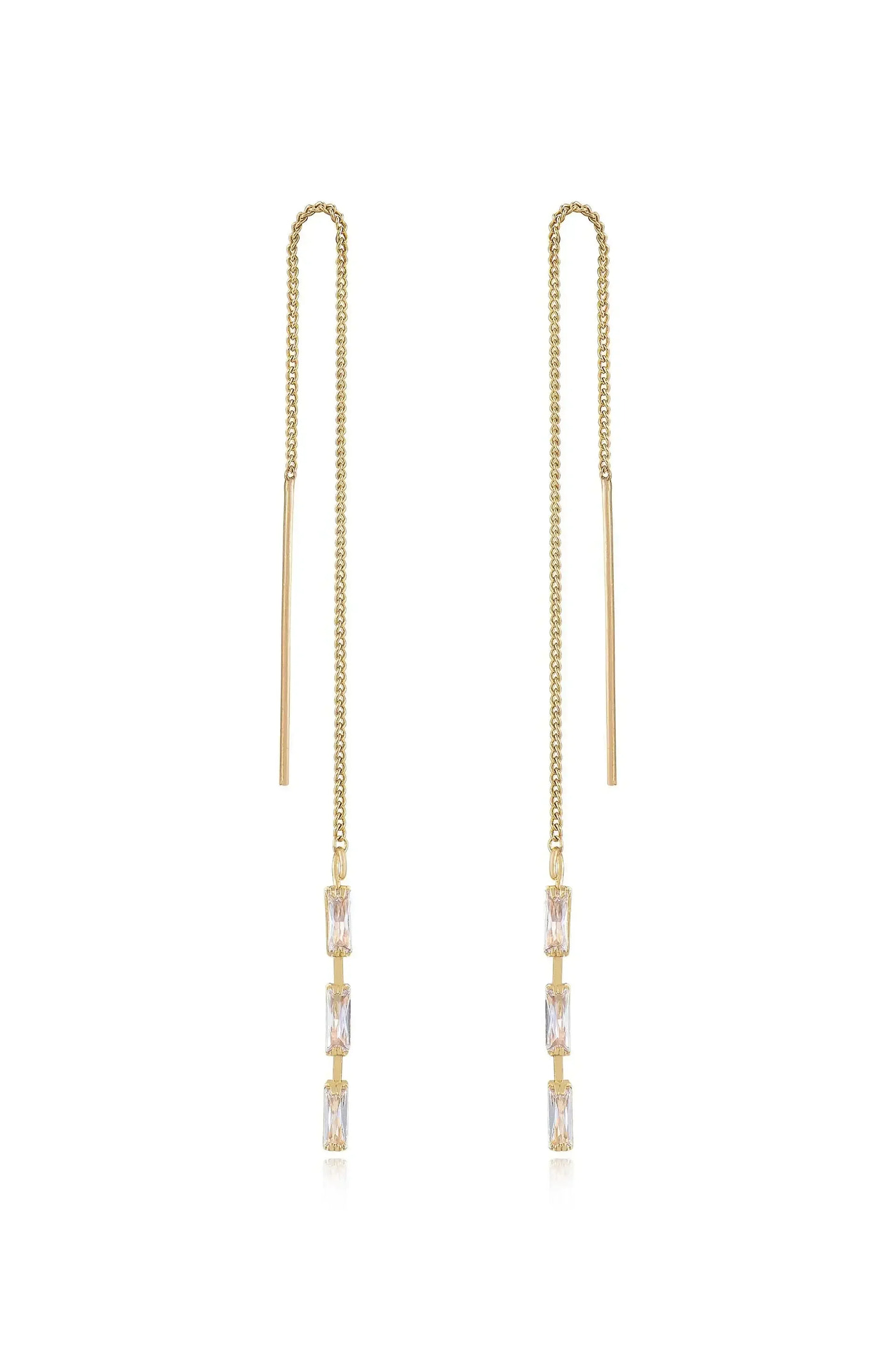 Gold chain earrings with elongated strands feature four rectangular crystals arranged vertically. They hang elegantly, likely intended for formal or stylish occasions, showcasing craftsmanship in jewelry design.