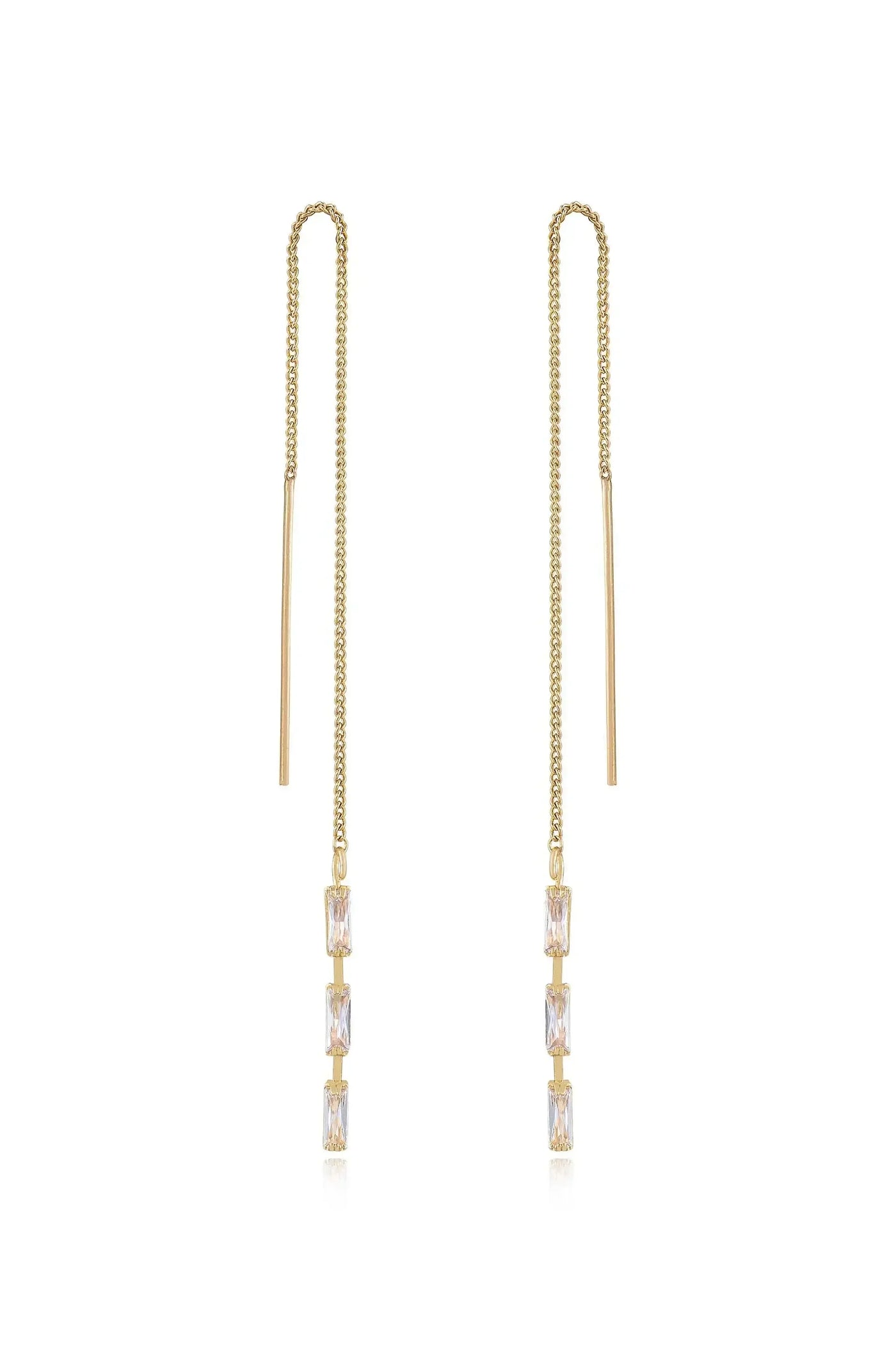 Gold chain earrings with elongated strands feature four rectangular crystals arranged vertically. They hang elegantly, likely intended for formal or stylish occasions, showcasing craftsmanship in jewelry design.