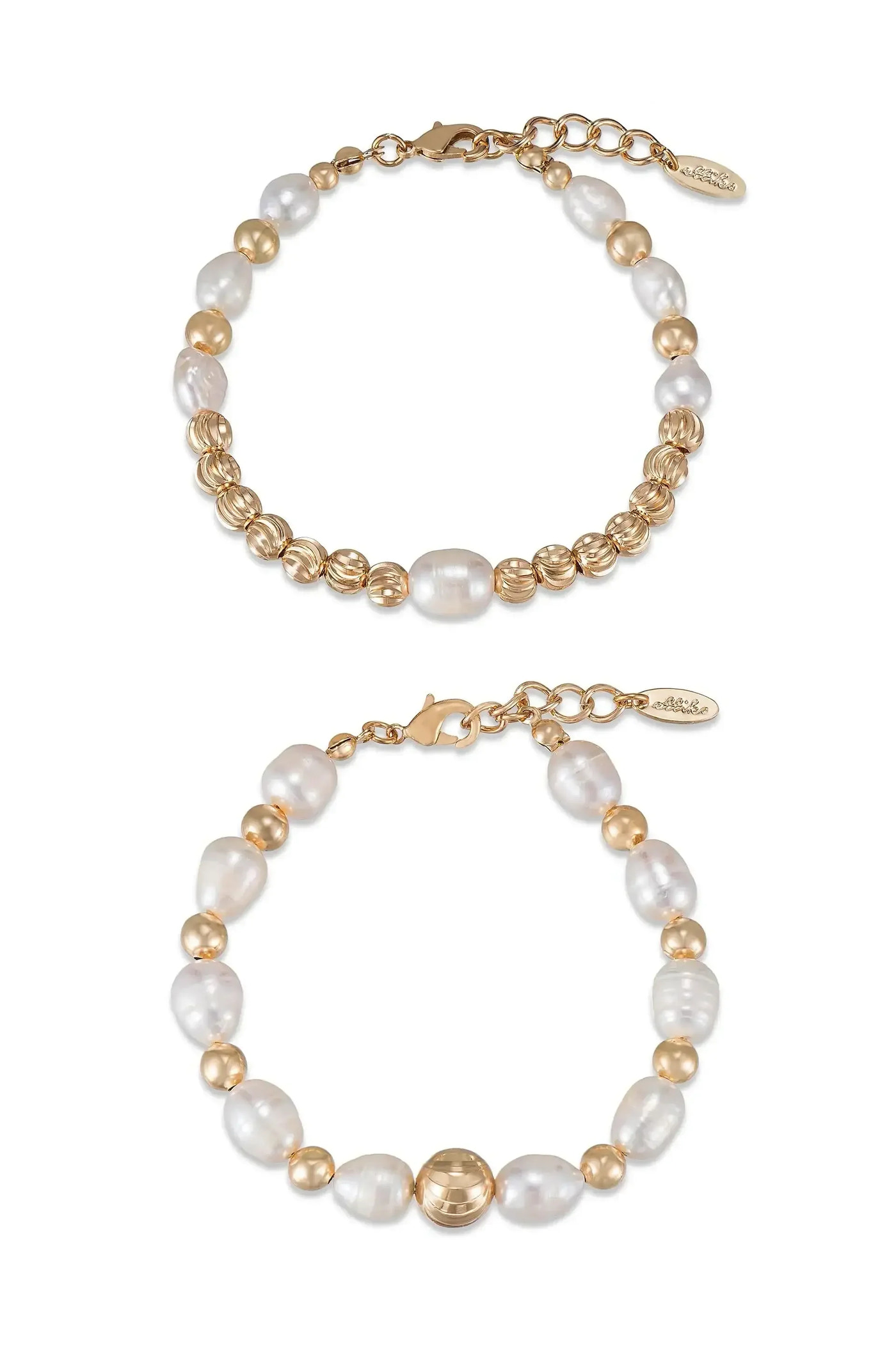 Two elegant bracelets are displayed, one above the other. Each features a combination of golden beads and lustrous white pearls, showcasing a stylish accessory suitable for various occasions.