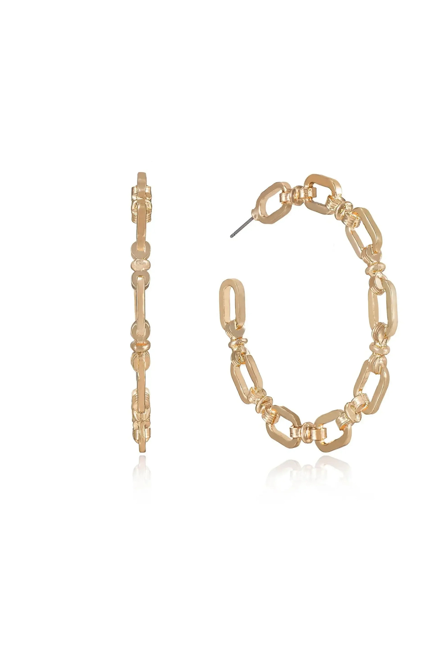 Gold hoop earrings with a linked chain design are displayed prominently. One earring shows a side view while the other reveals a front view, reflecting light against a plain background.