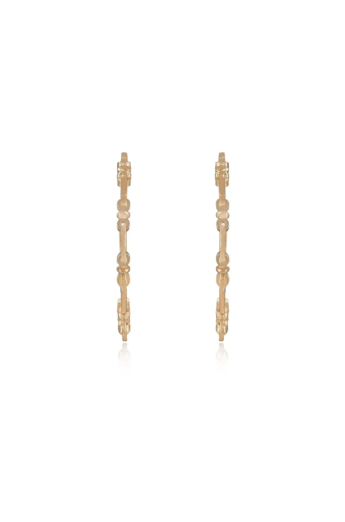 Gold hoop earrings feature a chain-like design with alternating solid and hollow sections. They are displayed against a plain white background, highlighting their elegant and minimalist style.