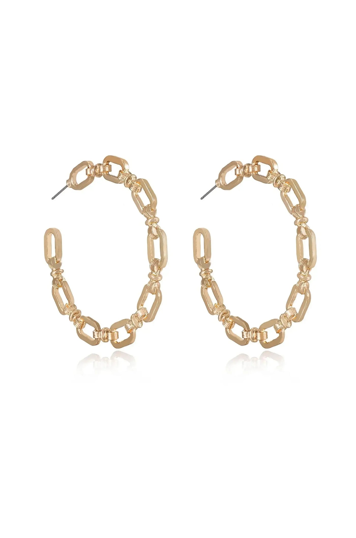 Gold hoop earrings are displayed, featuring a linked chain design. They are symmetrical, with a polished finish, presented against a plain white background that highlights their shine and elegance.