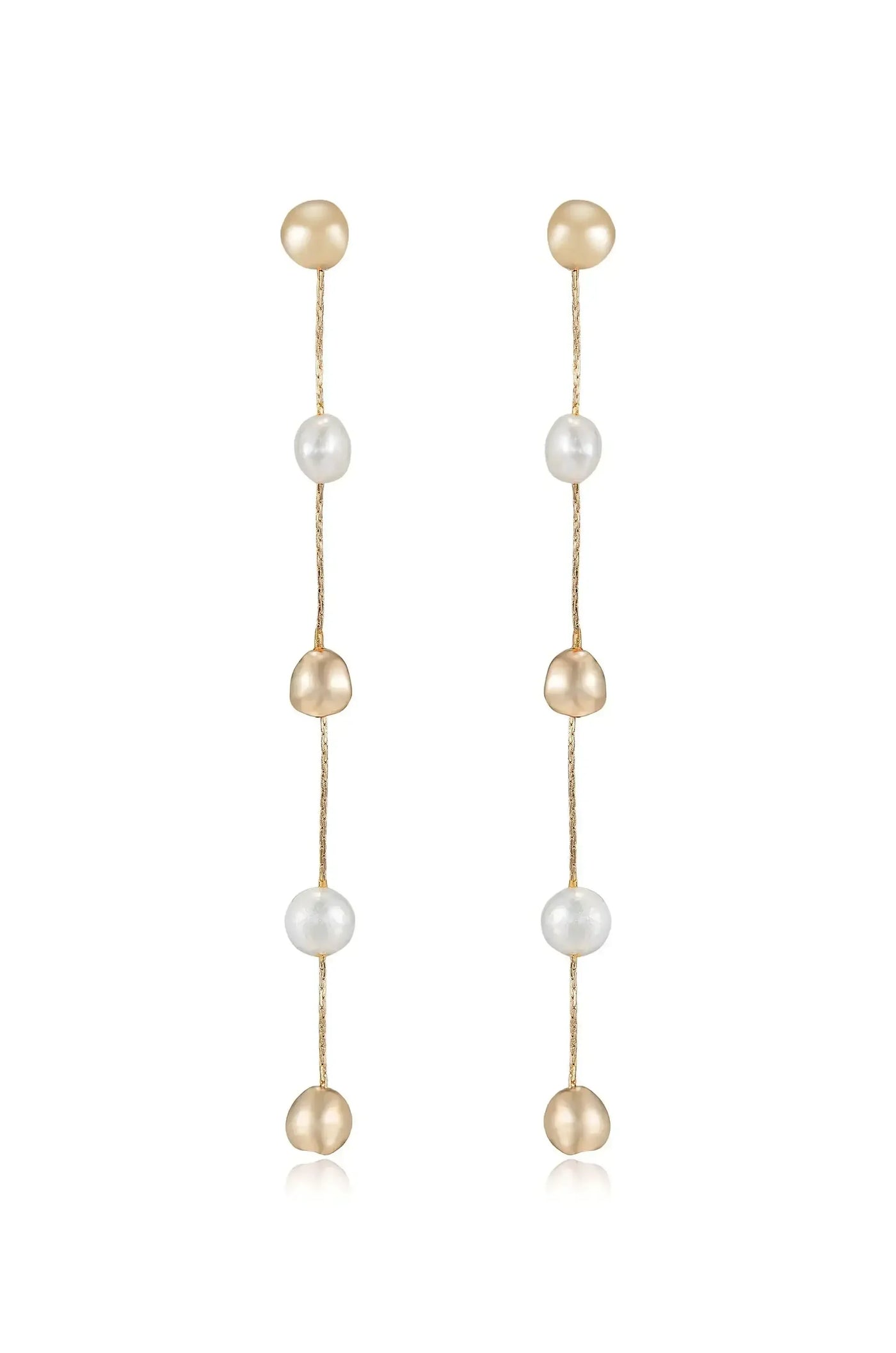 Dangling earrings made of alternating pearls and gold beads, showcasing a visually appealing mix of textures and shapes, likely designed for elegant occasions. The background is plain, emphasizing the earrings.