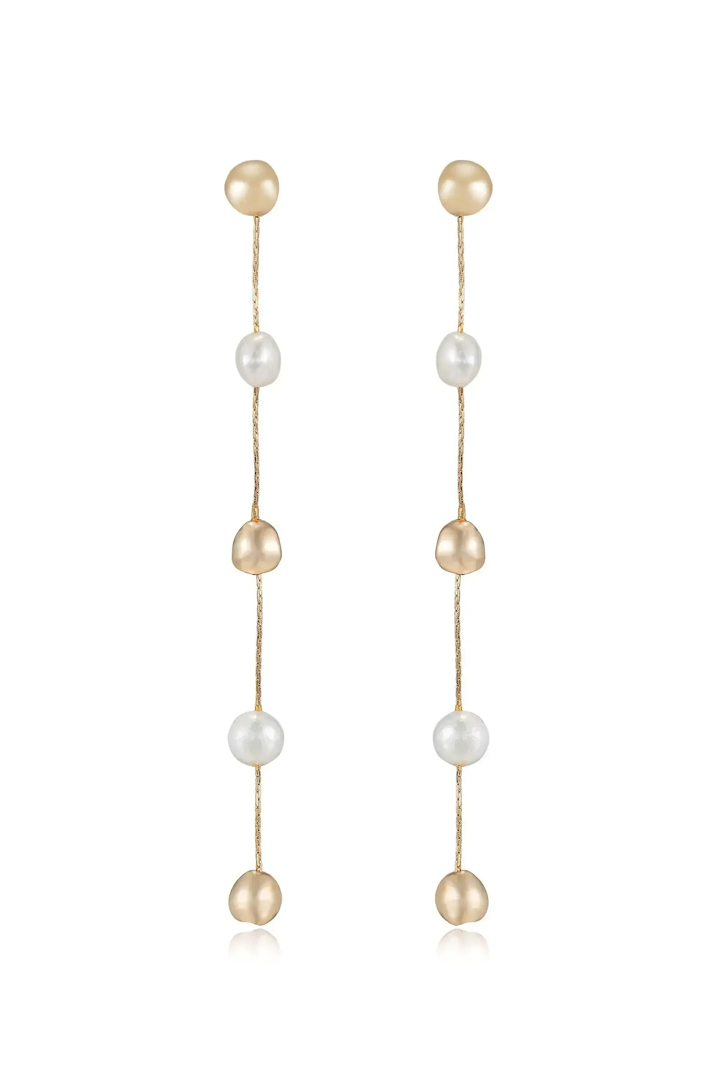 Delicate earrings feature a series of alternating gold and white pearls suspended on thin gold strands, designed to elegantly dangle, set against a clean, neutral background.