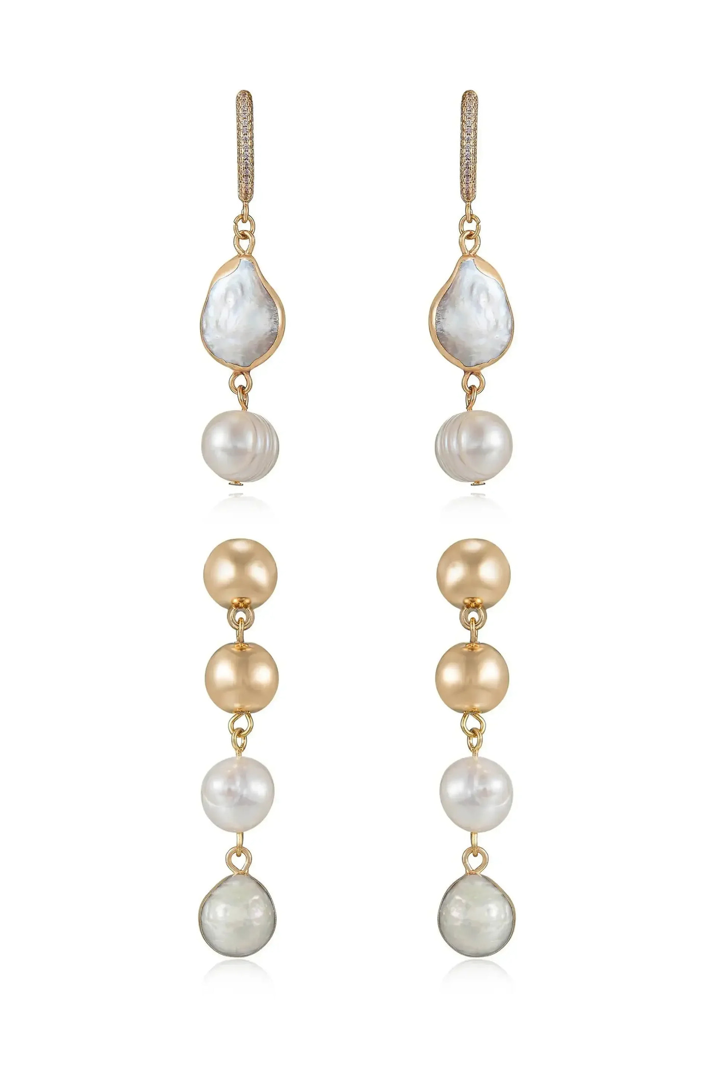 Two pairs of elegant drop earrings hang vertically, featuring a mix of gold-tone metal and various pearls, including white, cream, and gray. The design showcases a sophisticated, layered look.
