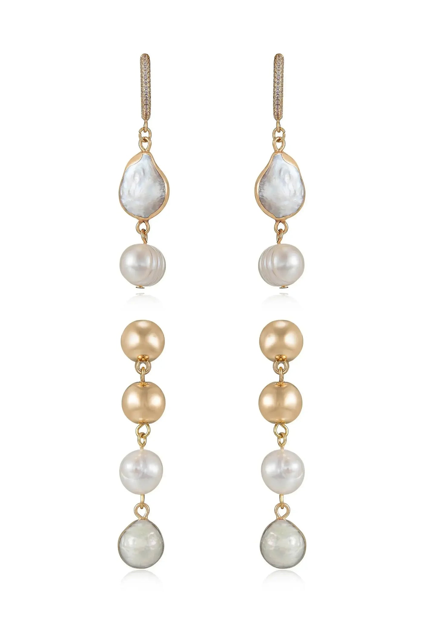 Two pairs of elegant drop earrings hang vertically, featuring a mix of gold-tone metal and various pearls, including white, cream, and gray. The design showcases a sophisticated, layered look.