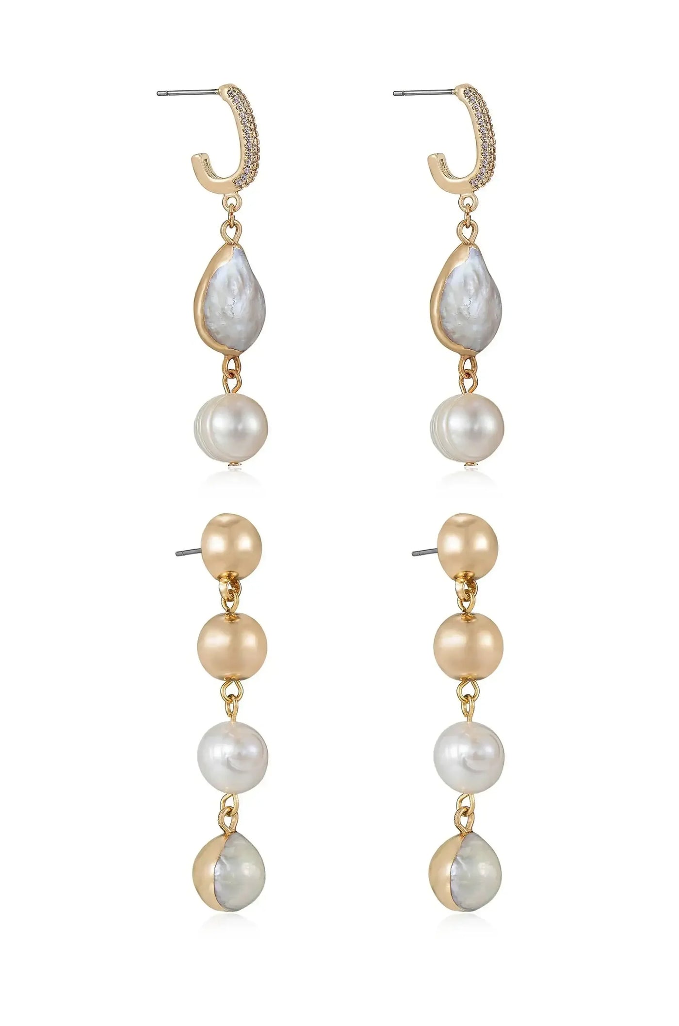 Elegant earrings feature a gold hoop with a teardrop-shaped pearl and multiple pearl beads hanging down. They are displayed against a neutral background, highlighting their sophisticated design.