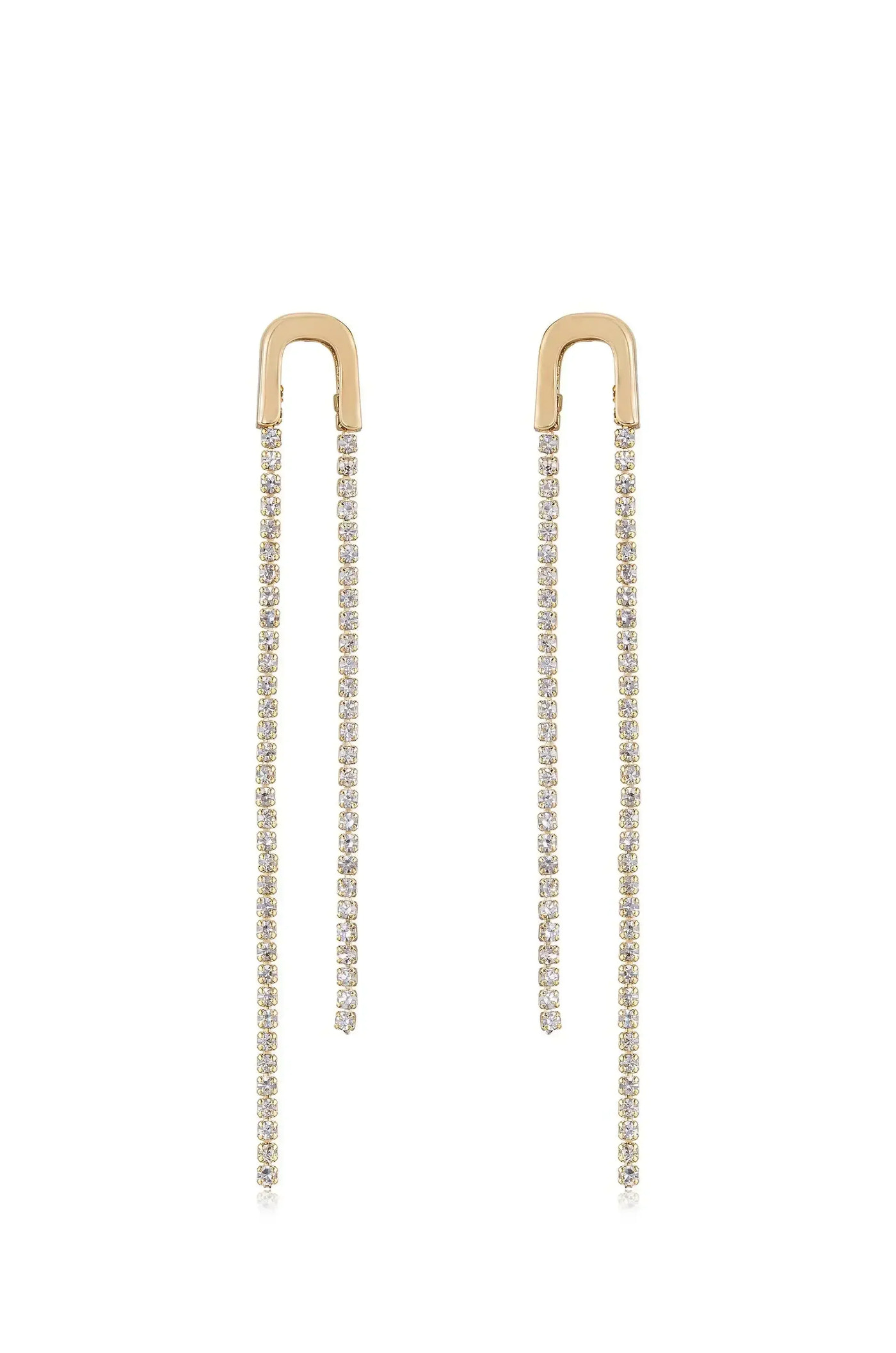 Elegant earrings feature gold tops with two thin chains adorned with small, sparkling gemstones, suspended descent, suggesting a glamorous accessory suitable for formal occasions.